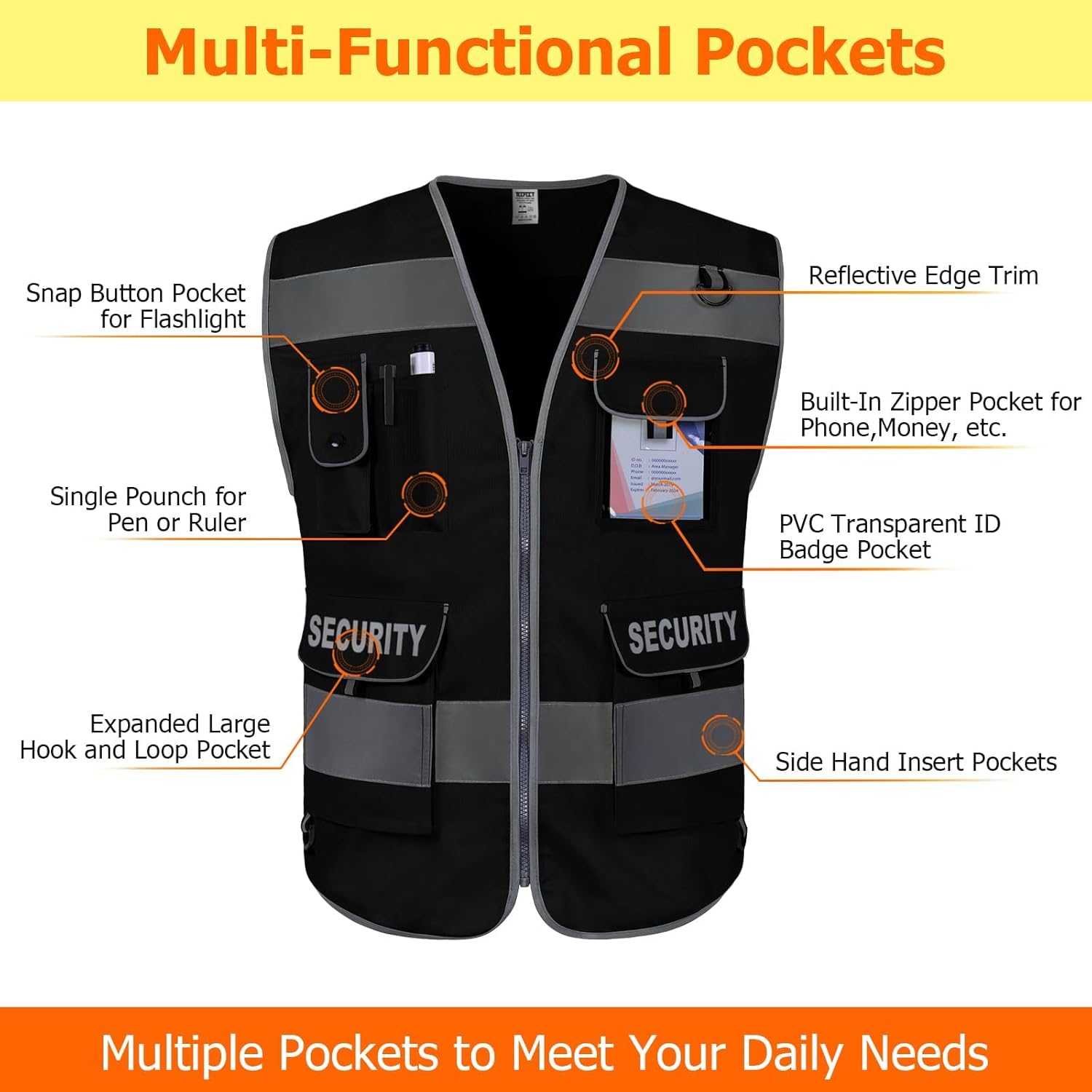 TCCFCCT Security Vest for Men Women 9 Pockets High Visibility Reflective Safety Vest, Durable Hi Vis Construction Vest with Reinforced Sewing, Meets ANSI/ISEA, (G100S-Black, XL) - Image 3