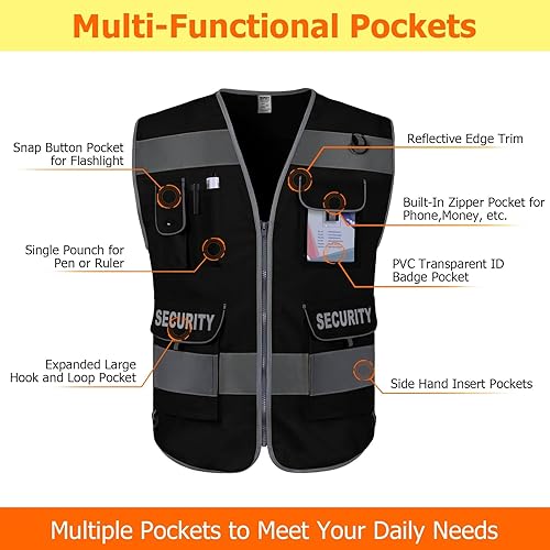 Miniatura 3 de TCCFCCT Chaleco de seguridad para guardia de seguridad 9 bolsillos Chaleco de seguridad de alta visibilidad, Tela Negro-bisonte 08