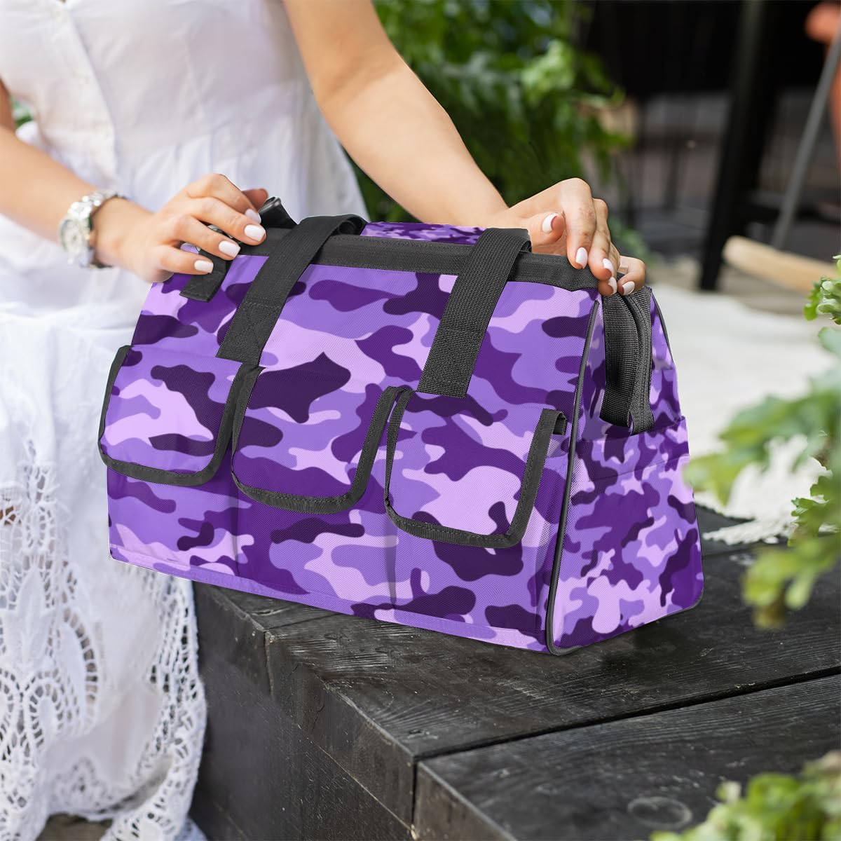 Purple Camouflage Tool Bag for Men Women Multi-Pockets Wide Mouth Tool Storage Bags 14.8 Inch Waterproof Heavy Duty Tool Bag Organizer for Electrician Mechanic Plumbers Handymen