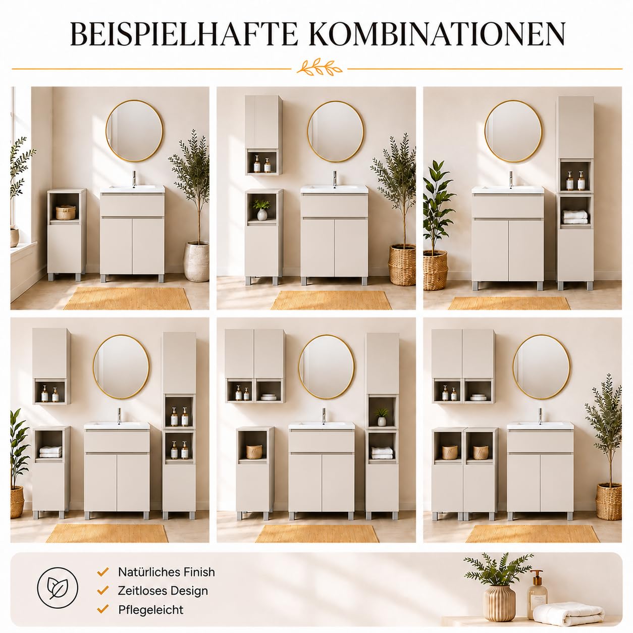 Hängeschrank Badezimmer, 75x56x25 cm, Kaschmirfarbe Matt, 6 Regale, Soft-Close-Türen, Anti-Fingerprint, Wandmontage