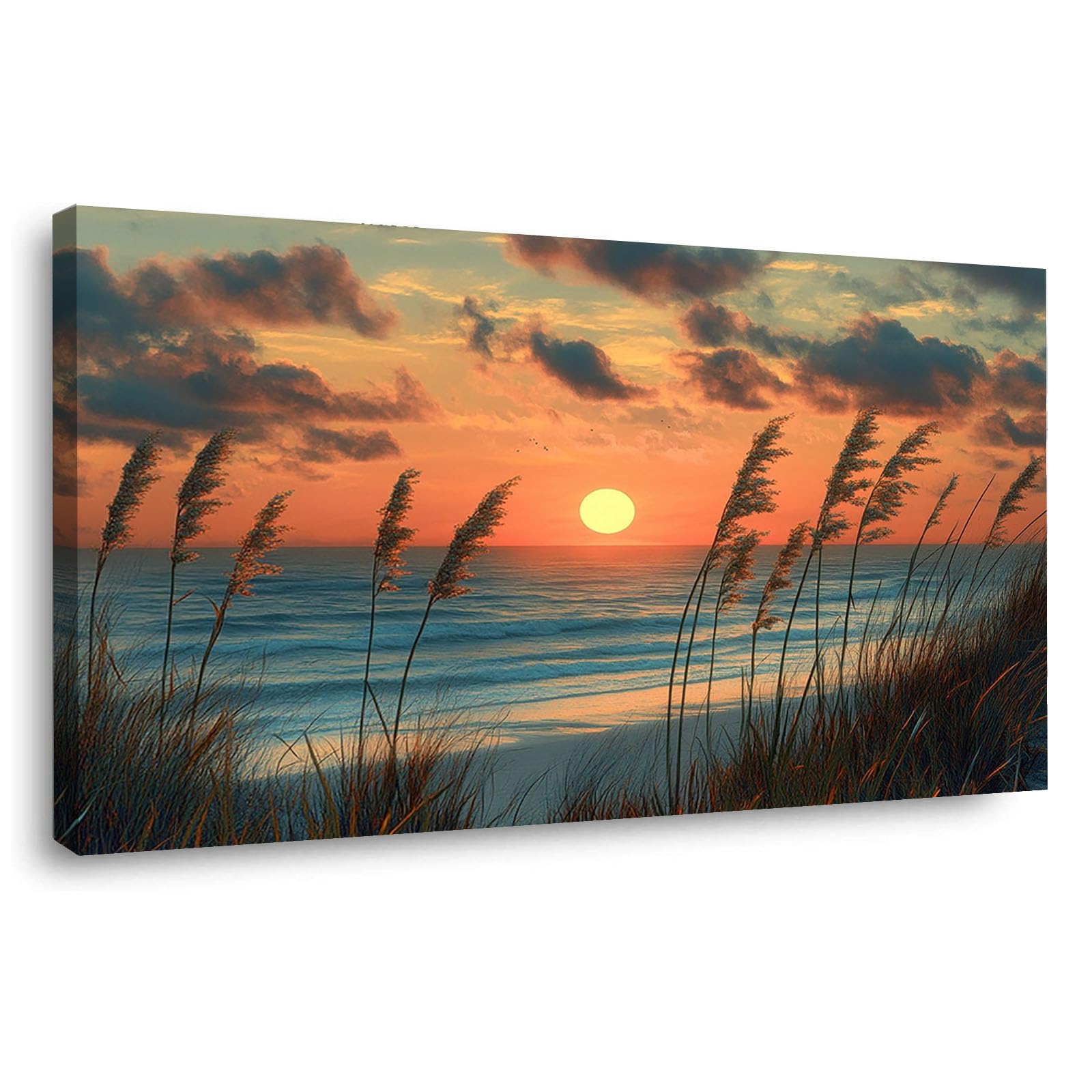 WIKEO Beach Pictures on Canvas Wall Art Beach Weeds Scenery Modern Prints Seaview Landscape Artwork - for Living Room Bedroom Home Office Wall Decoration(Orange 1)-20x40cm Framed