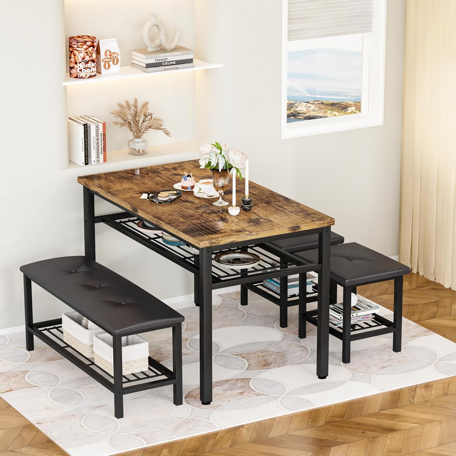 Lamerge Kitchen Tables Set for 4, Rectangular Dining Room Table Set with Bench and Stools, 4 Pieces Dining Room Table Set with Storage Rack for Small Space, Breakfast Nook and Apartment, Brown Black
