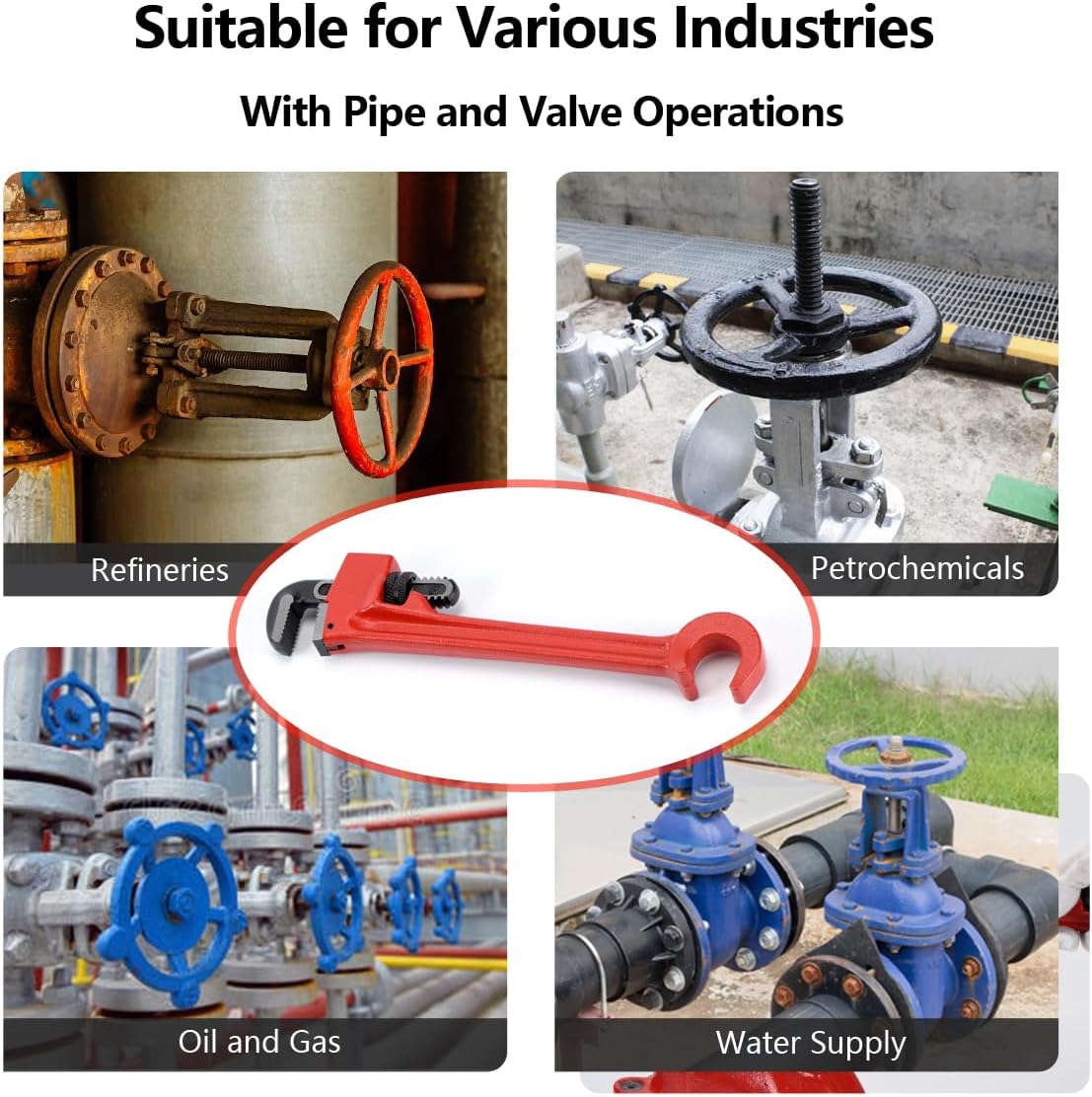 8" Double-Ended Valve Wrench for Refinery Pipes; 1/8" - 1" Heavy-Duty Adjustable Pipe Wrench; 3/4" Opening Valve Wheel Wrenches (8 INCH)
