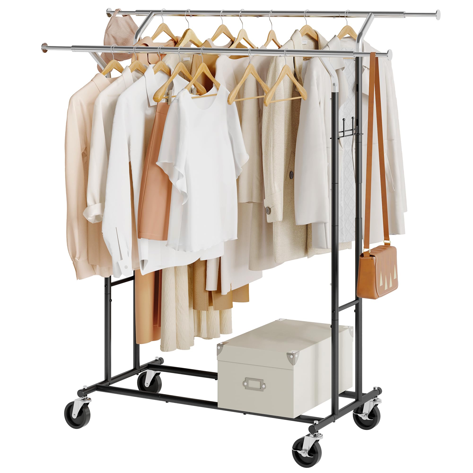Tajsoon Clothes Rack Heavy Duty Rolling Garment Rack with Wheels and Extendable Double Rods, Collapsible Clothing Racks For Hanging Clothes, Adjustable Commercial Clothes Rack with Shelf, Black&Chrome