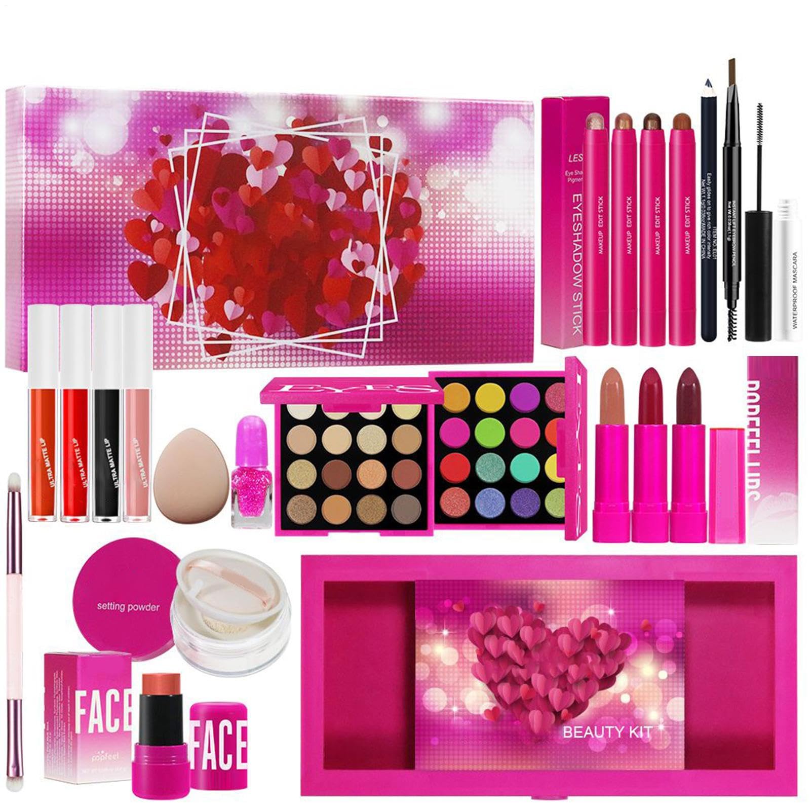 Kit Trucco Donna Set Viso Per Principianti | Cosmetici Quotidiani Con Pennello Rossetto Mascara e Fard Per Amiche Compagne