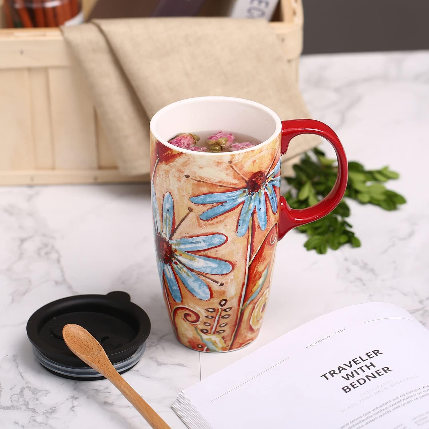 Topadorn Ceramic Coffee Mug Porcelain Latte Mug with Lid, 17oz Coffee Cup with Handle, Perfect for Coffee and Tea, Daisy - Image 2