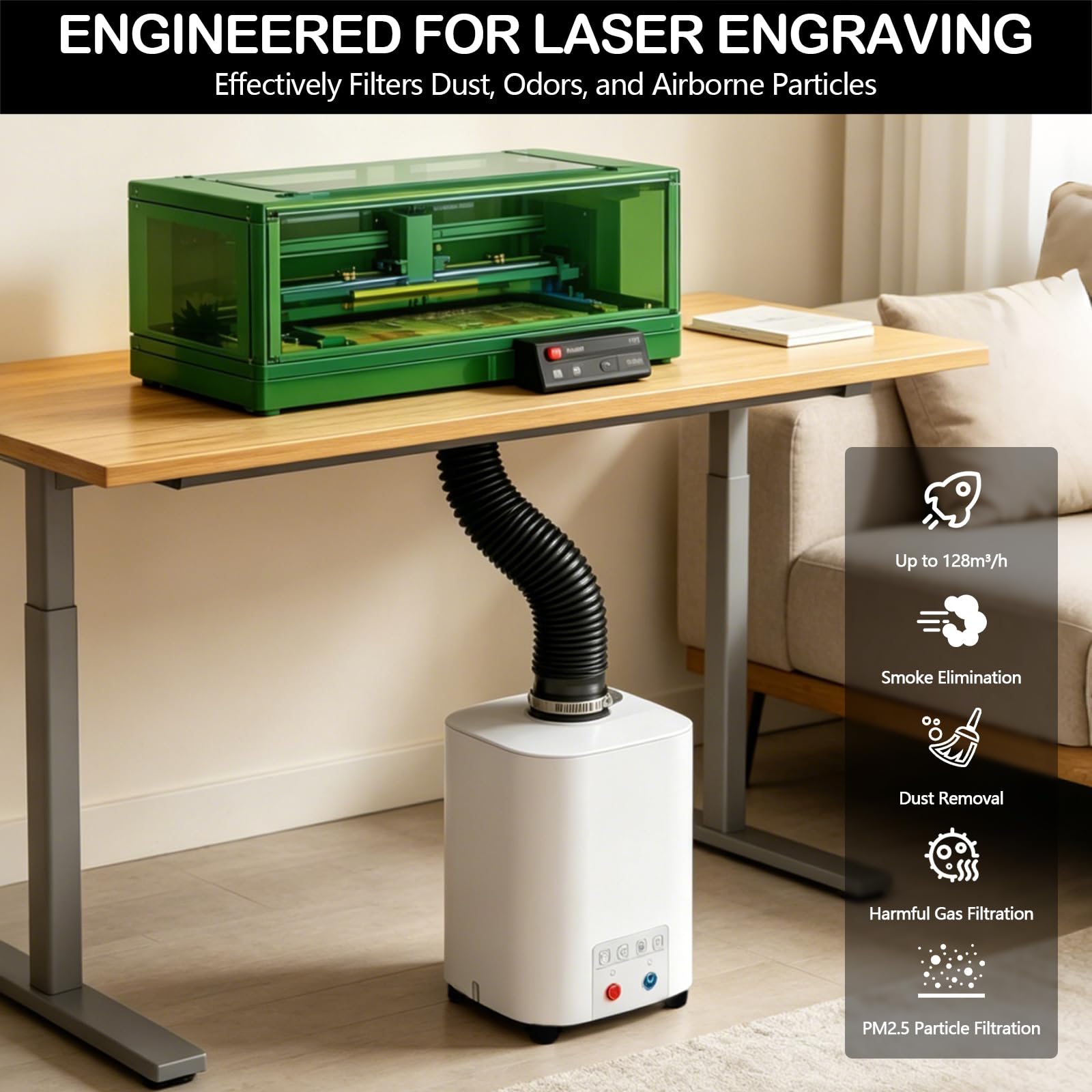 Aspiratore Fumi di Saldatura 50W con Sistema di Filtrazione a 3 Stadi, Purificatore d’Aria 128 m³/h Silenzioso <56 dB, per Saldatura, Laser e Stampa 3D, Include 5 Prefiltri di Ricambio