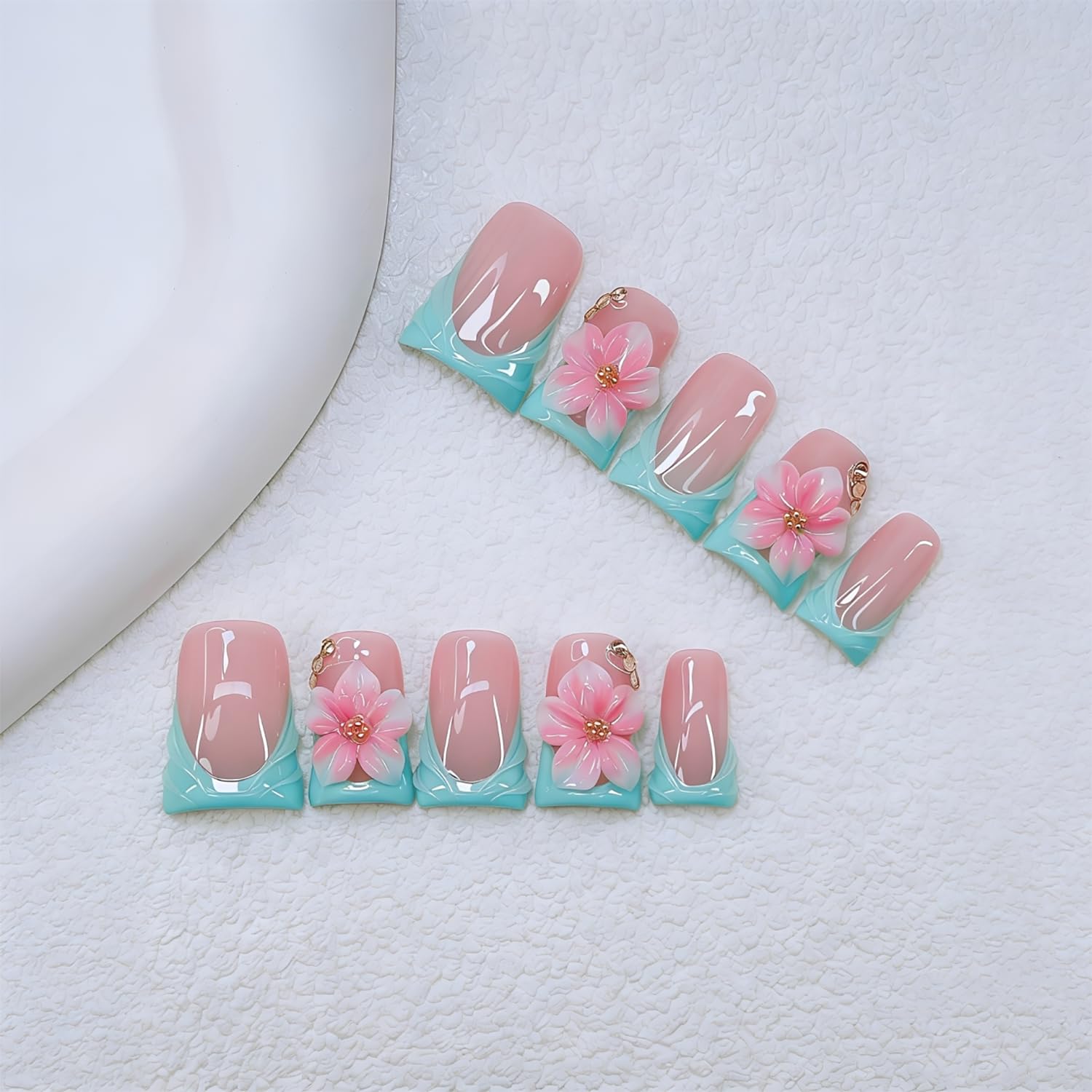 Duck Press on Nails Handmade 3D Pink White Flower Fake Nails Muti-Layer Soft Gel Short Blue French Tip Acrylic Nails Salon Quality Handmade False Nail Press Ons Luxury Stick on Nail for Women (M)