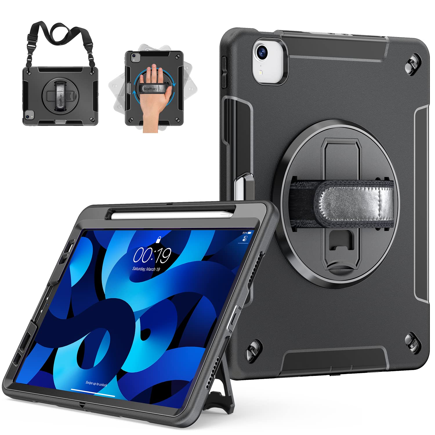 Case for iPad Air 5th Generation: Rugged Military Grade Shockproof Protective Case Compatible with iPad Air 5/4 10.9 with Pencil Holder-360° Rotatable Kickstand-Adjustable Hand/Shoulder Strap-Black…