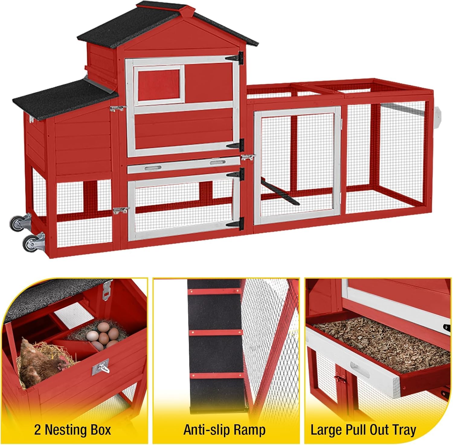 Aivituvin Mobile Chicken Coop on Wheels, Outdoor Wooden Hen House with Run for 2-4 Chickens, UV Protection Roof, Nesting Box & Pull-Out Tray, Red