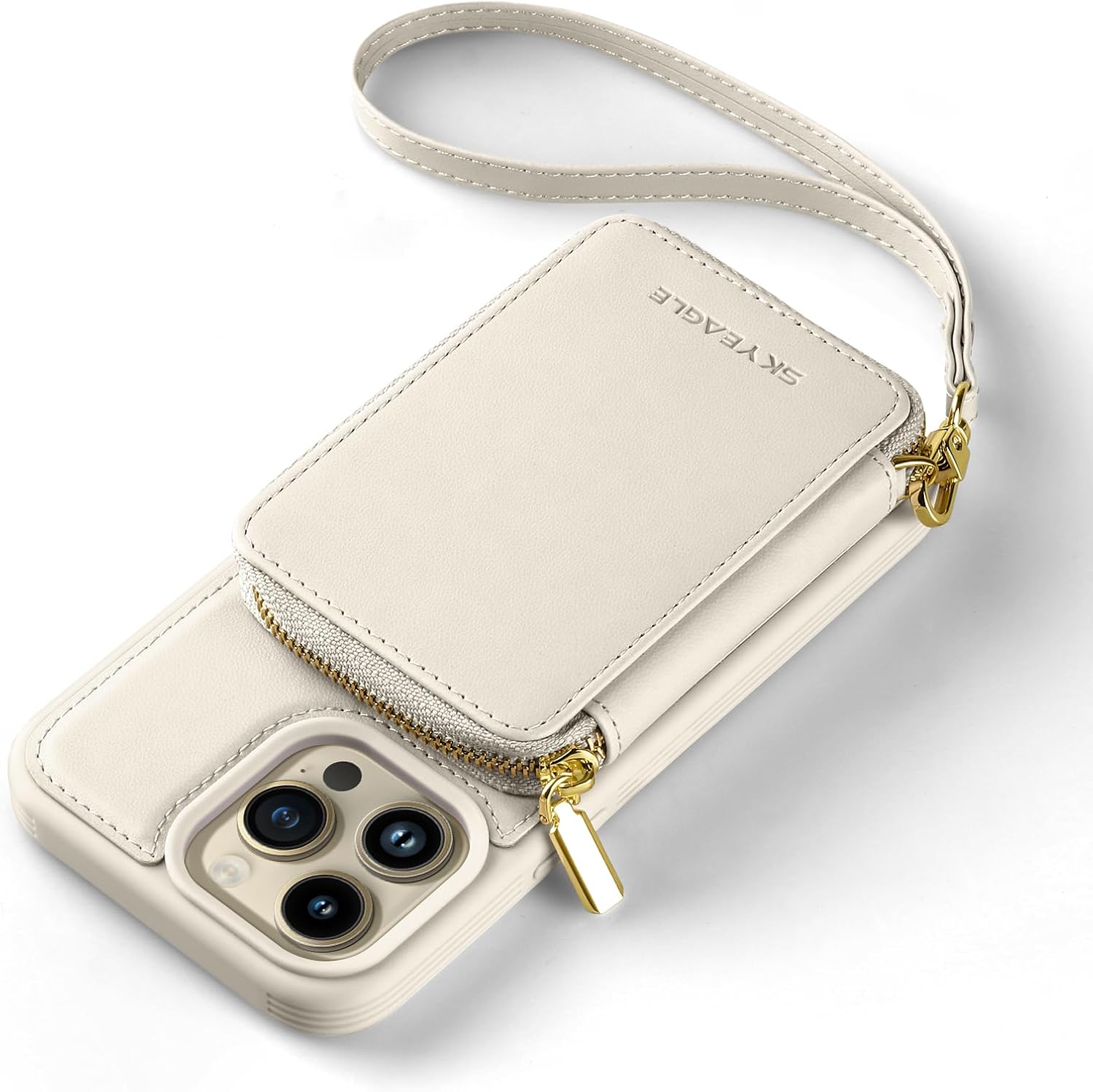 SkyEagle Wallet Case for iPhone 14 Pro Max 【RFID Blocking】 PU Leather Zipper Handbag, iPhone 14 Pro Max Phone Case with Credit Card Slot Bracket Wrist Strap,Beige