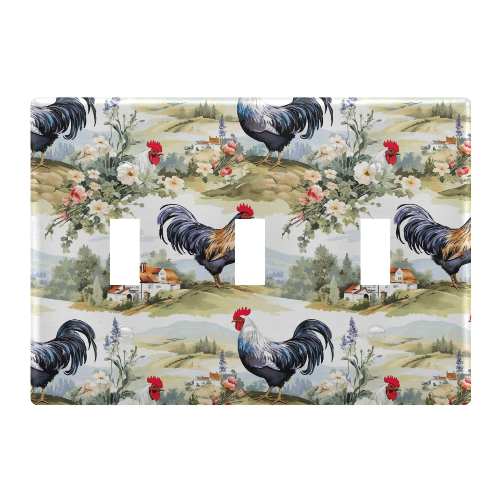 Light Switch Cover Farm Rooster Rural Flower Wall Plates for Electrical Outlets 3 Gang 202a8495