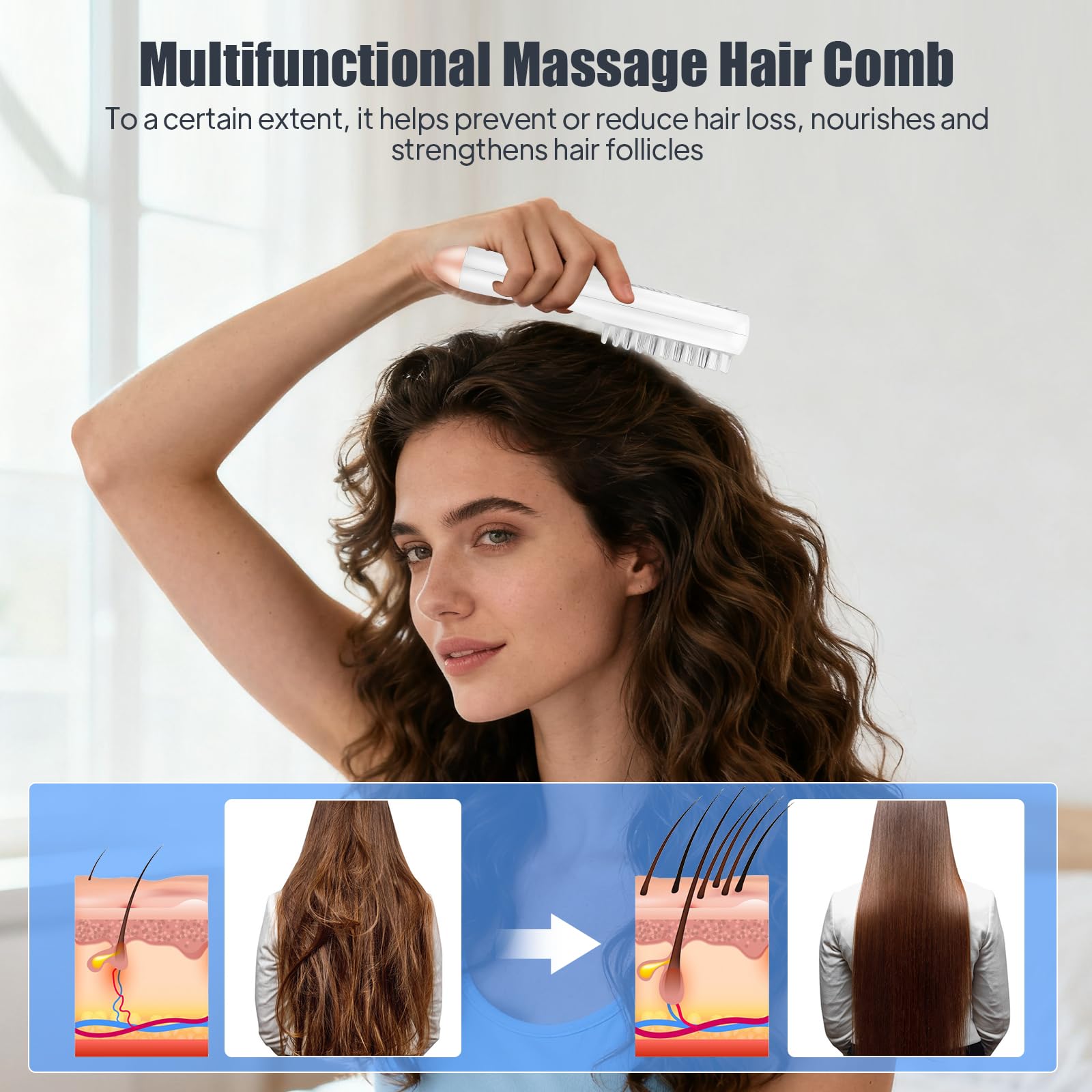 EMS Mikrostrom Haarbürste mit Rot & Blaulicht, Nano-Verdampfung Kopfmassagegerät für Haarwuchs, 7000/min Vibration für Kopfhautpflege gegen Haarausfall