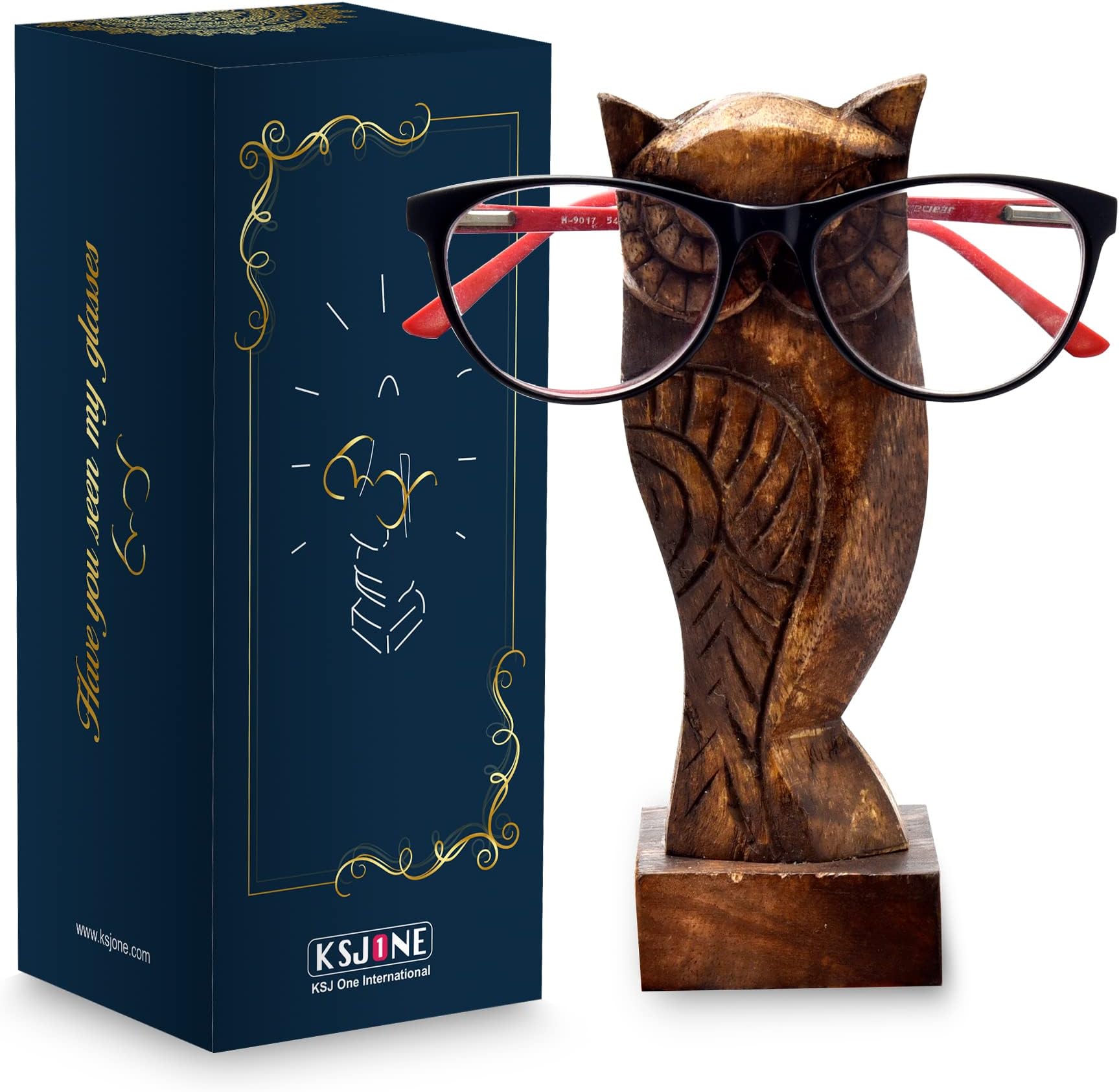 KSJONE Gift Packaged Hand Carved Rustic Spectacle Holder Wooden Eye glasses Stand Gift for Women and Men Home Office Gift for Teacher Him Her Mom Dad Desk Organizer for Kids