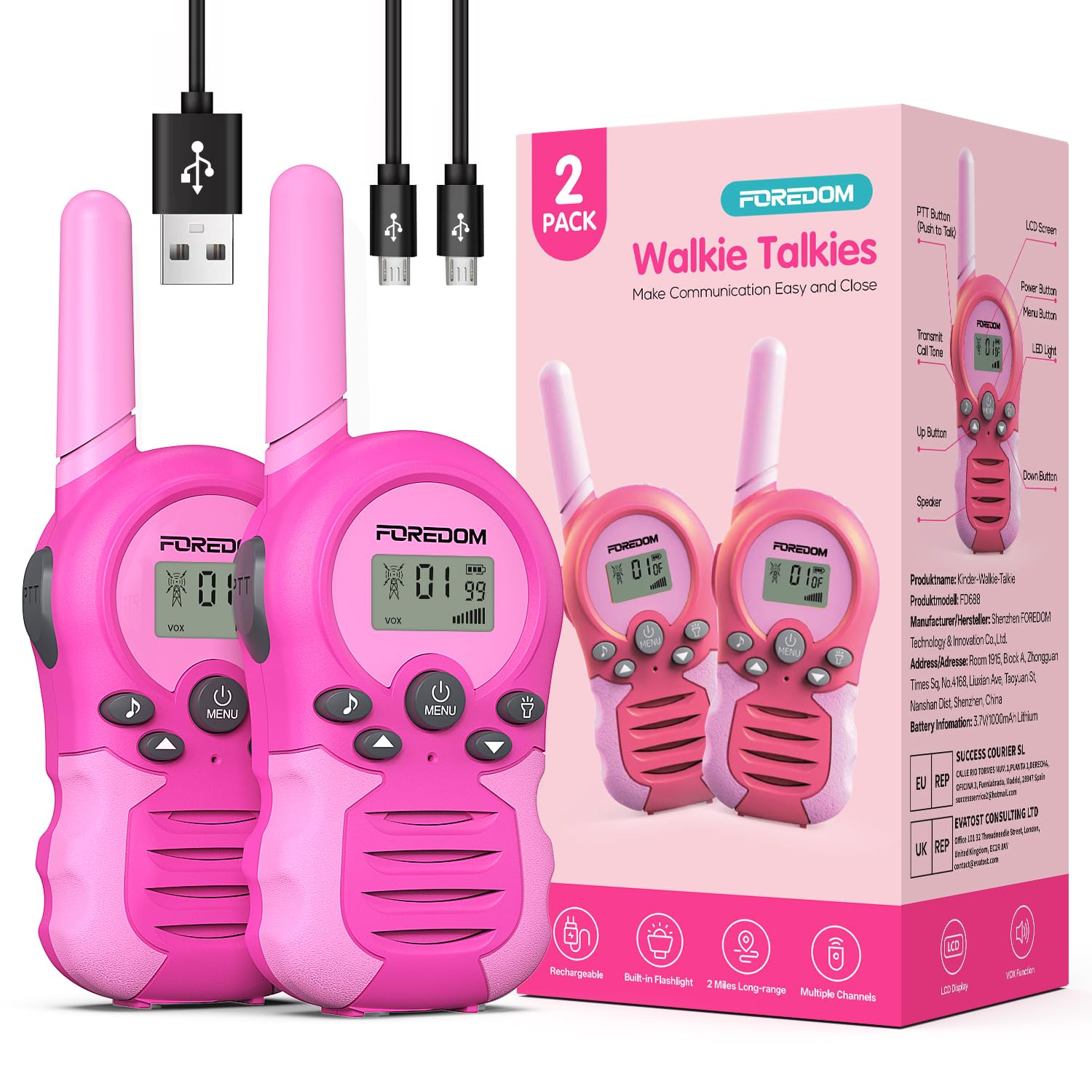 FOREDOM Wiederaufladbare Walkie Talkies für Kinder Walkie Talkies Funkgeräte Set Spielzeug für Jungen & Mädchen 3-12 Jahre, Abenteuer, Camping, Wandern – 2er Set