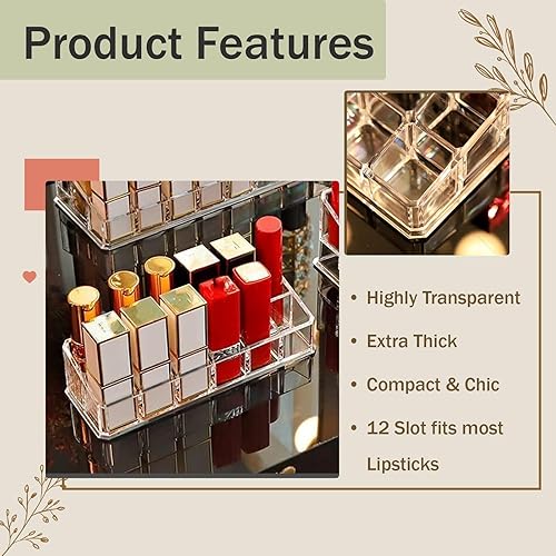 Miniatura 3 de Paquete de 4 organizadores de lápiz labial, soporte de lápiz labial acrílico transparente de 12 ranuras, organizador de maquillaje para tocador,