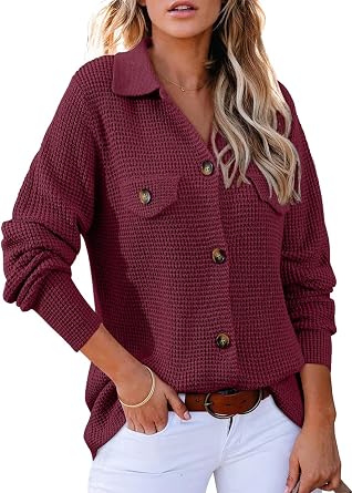 Astylish Women Waffle Knit Shacket Jacket Casual Long Sleeve Sweater Button Down Shirts Dressy Blouse Tops
