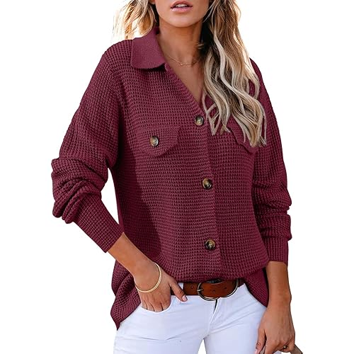Astylish Women 2024 Waffle Knit Shacket Jacket Casual Long Sleeve Sweater Button Down Shirts Dressy Blouse Top