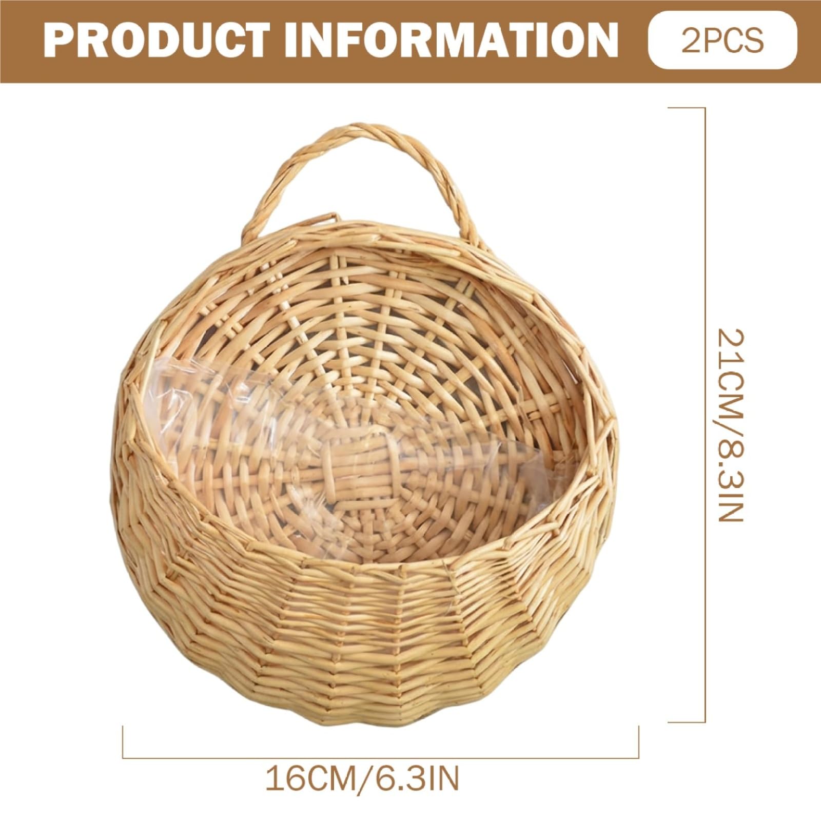 Cestino da parete in rattan intrecciato, confezione da 2, con fodera impermeabile, piccoli cesti appesi per interni e stoccaggio, fioriere in vimini per l'organizzazione della casa