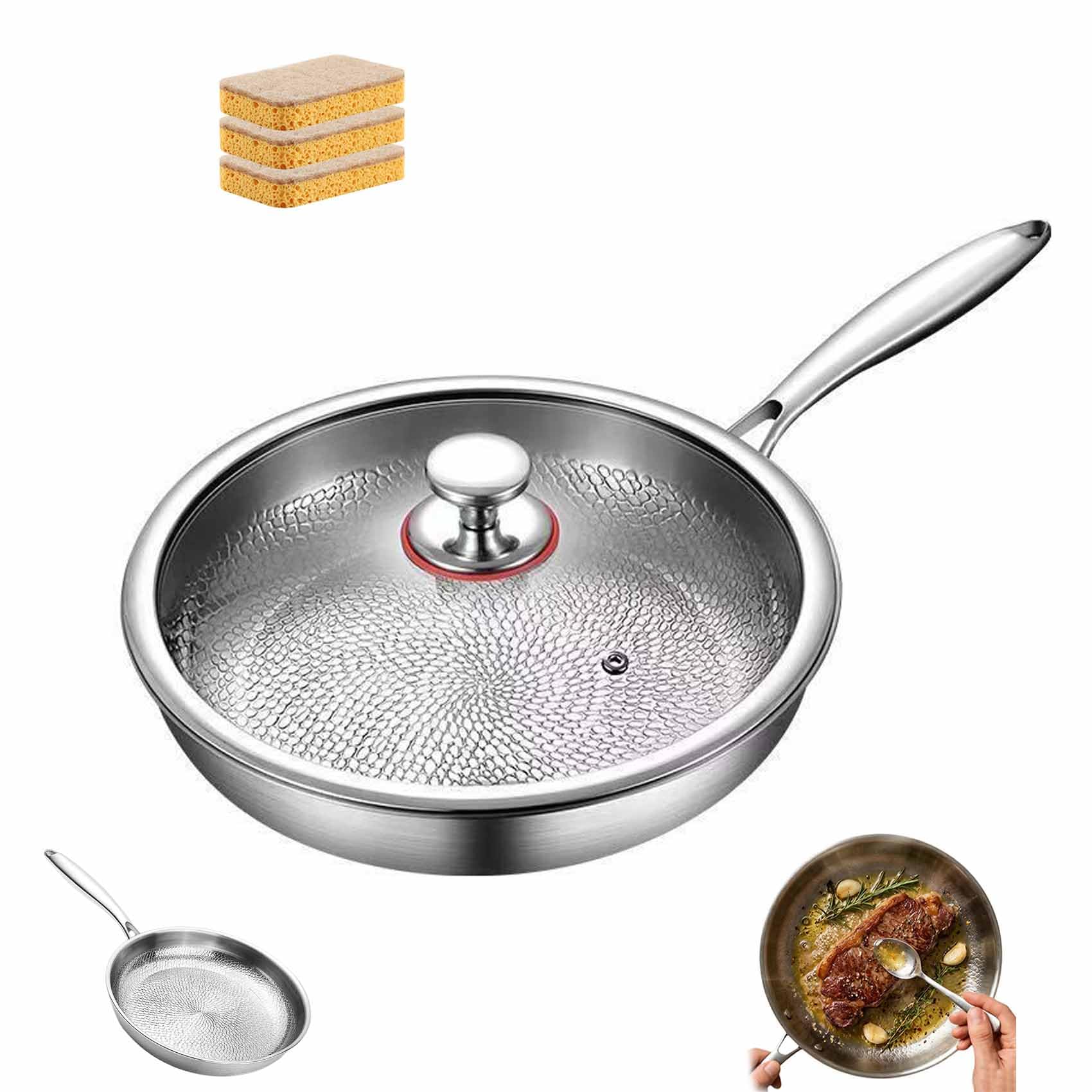 Longwell Titanium Frying Pan, 11 Inch Hand-Hammered Skillet,With a Lid，30CM