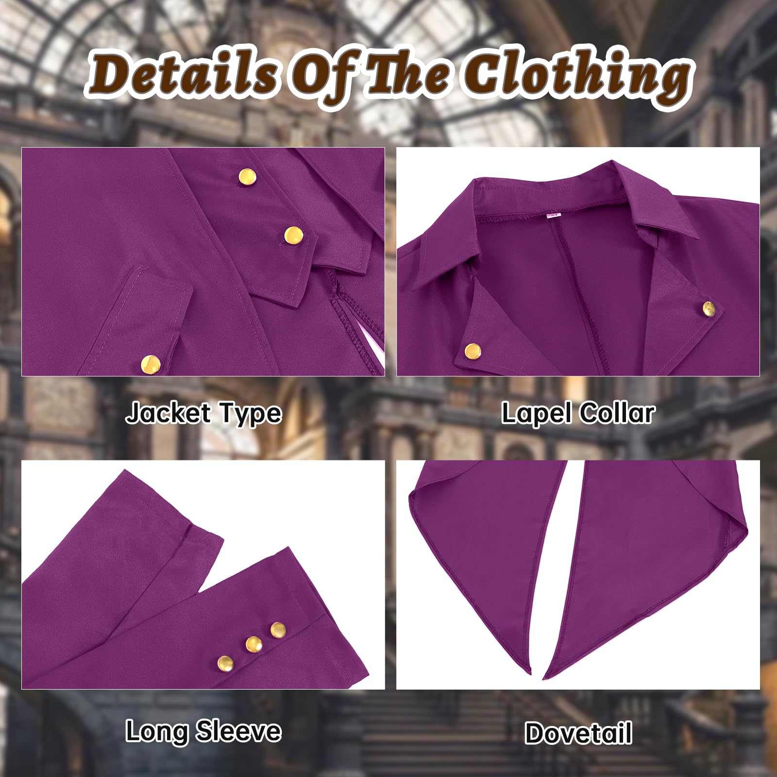 QEKFDOV Men's Steampunk Tailcoat,Medieval Gothic Victorian Frock Coat,Vintage Tailcoat Jacket Halloween Cosplay Costume (Purple, 2XL) - Image 3