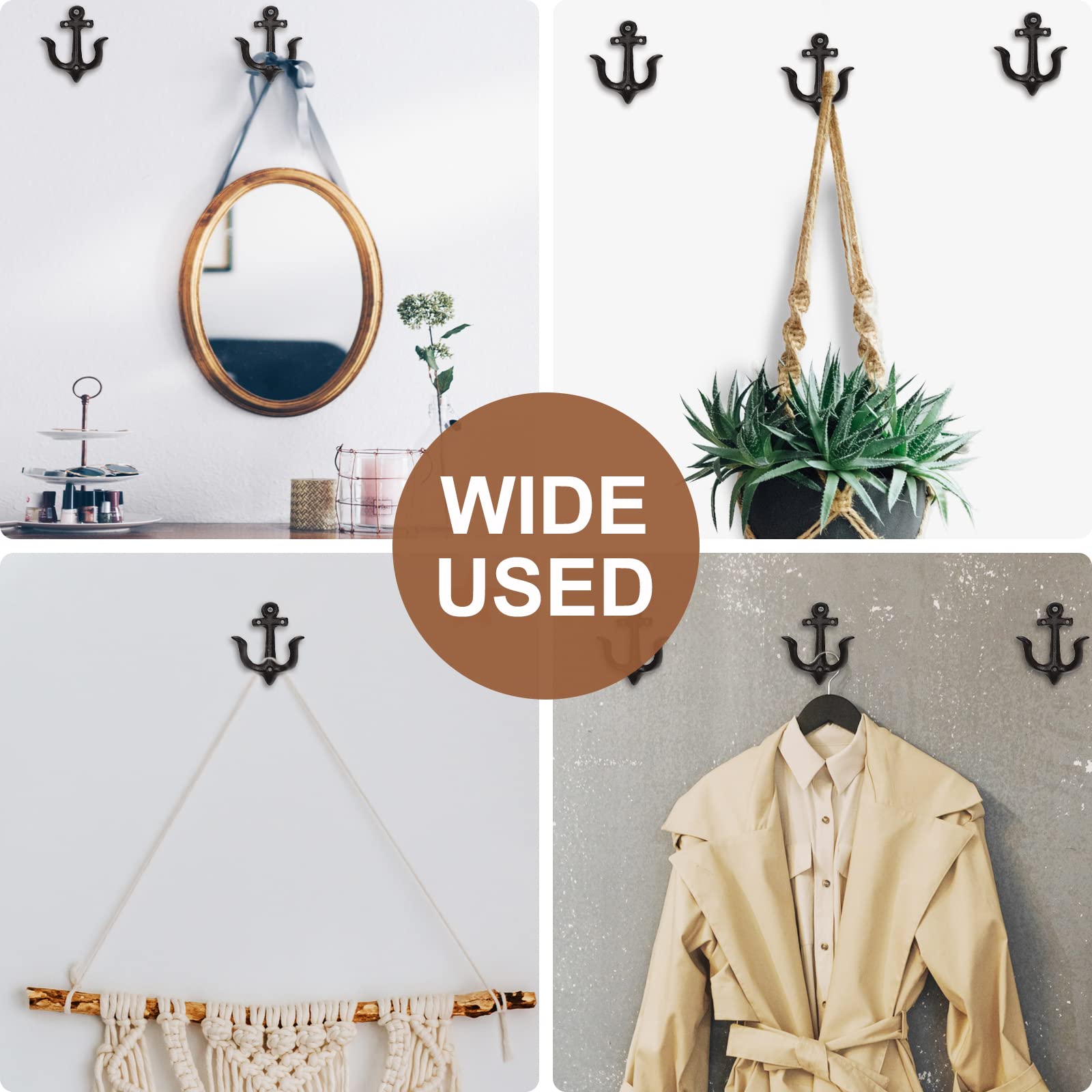 4 Pack Vintage Nautical Anchor Design Wall Hooks, Shabby Chic Cast Iron Coat Hooks Rack Decorative Wall Mount Rustic Metal Towel Hanger 4 Colors