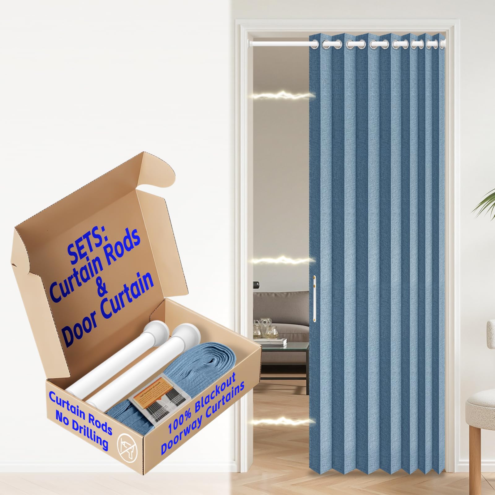 AJAZZ Blackout Accordion Door with Curtain Rods Adjustable 28-39" Long, Closet Door Curtain Total Privacy Sound Proof Curtains Suitable for Bedroom Living Curtain Set, 1 Pack, W45 x L80 in, Blue