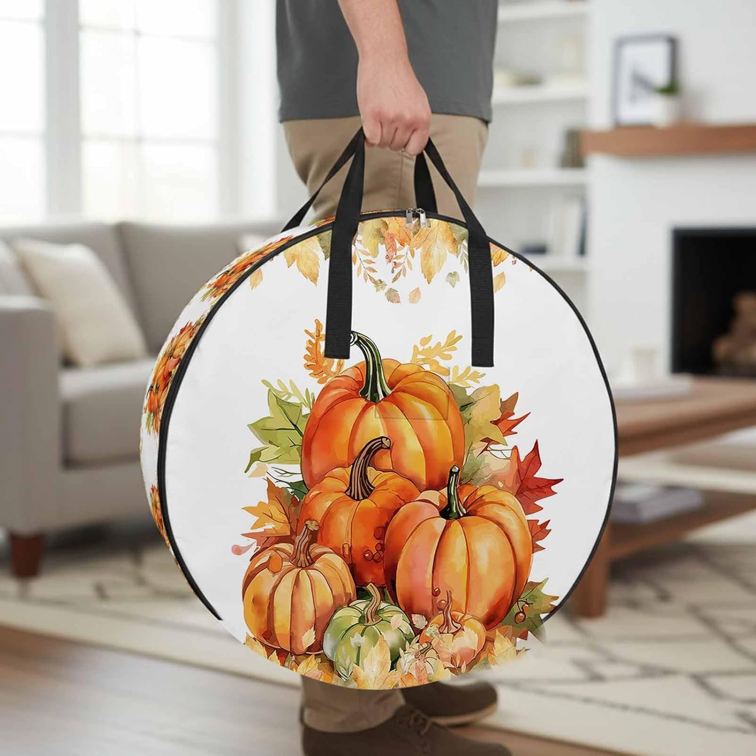Fall Thanksgiving Round Storage Bag 36 Inch, Pumpkin Watercolor Botanical Maple Leaves Clothes Storage Container with Handles Heavy Duty Organizer for Comforter, Bedding & Holiday Wreaths