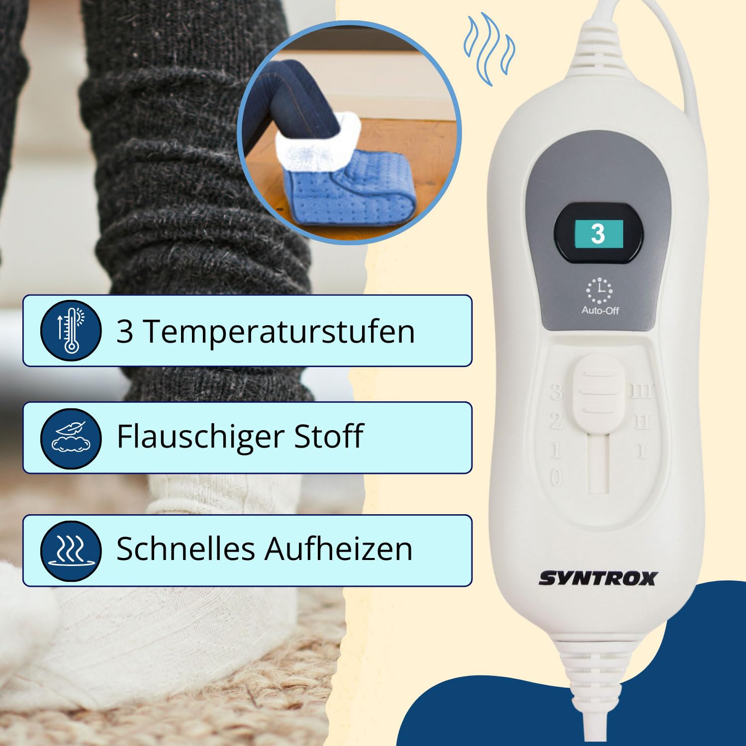 Syntrox Germany Atmungsaktiver Elektrischer Fußwärmer Wasilla, Fußheizung für den Winter,Hausschuhe Schuhe, beheizter Fußwärmer, Massagegerät, Heizung, 100 Watt, Fernbedienung, 3 Temperaturstufen