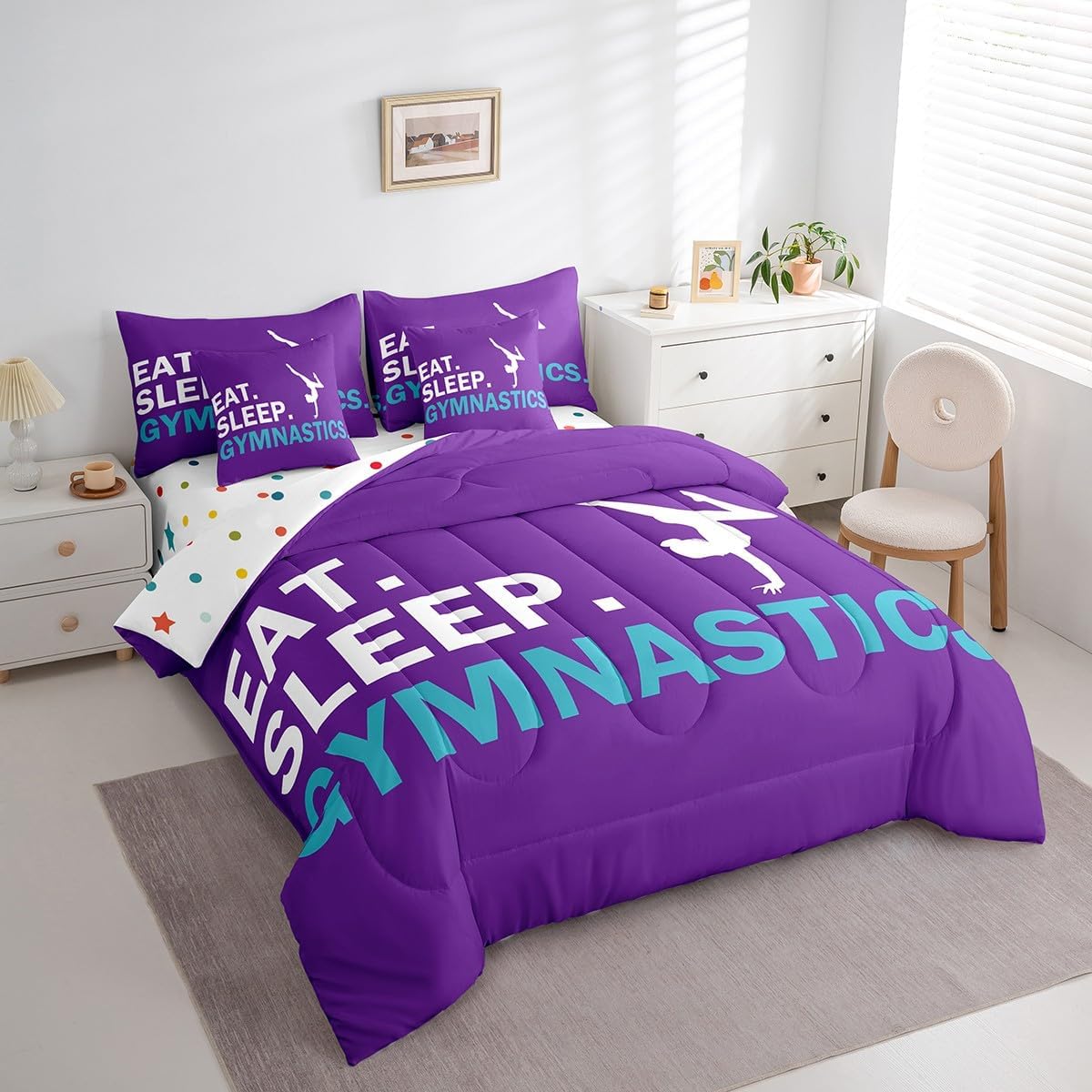 Feelyou Gymnastics Bedding Set Twin Girls Gymnastics Lovers Comforter Set 7 Piece for Kids Women Ultra Soft Sports Bedding Twin Comforter Set Girly Purple Bed in a Bag Room Decor Bed Set - Image 2