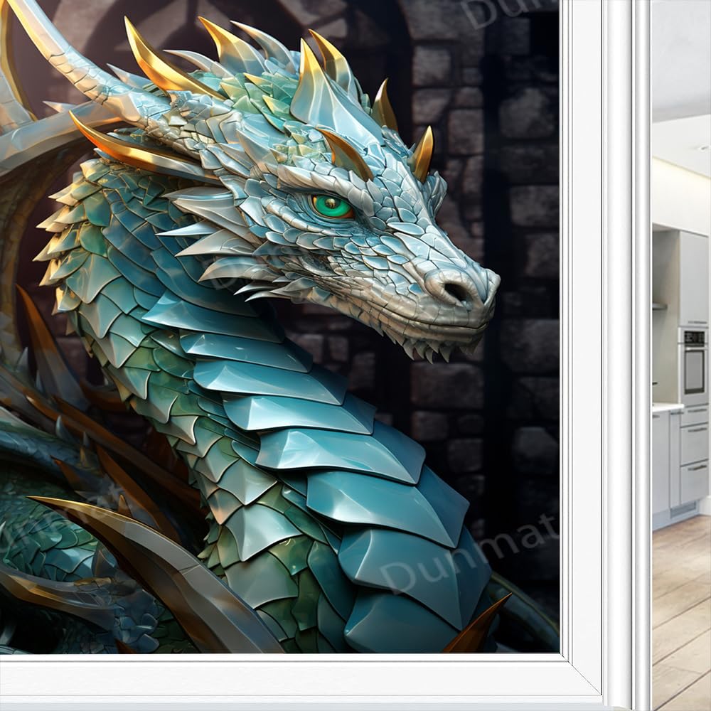 Traditional Dragon Window Privacy Film Fantasy Animal Green Gold Abstract Stained Glass Window Film Decorative Window Cling for Home Window&Glass Door, Sun Blocking 80 x 120 cm
