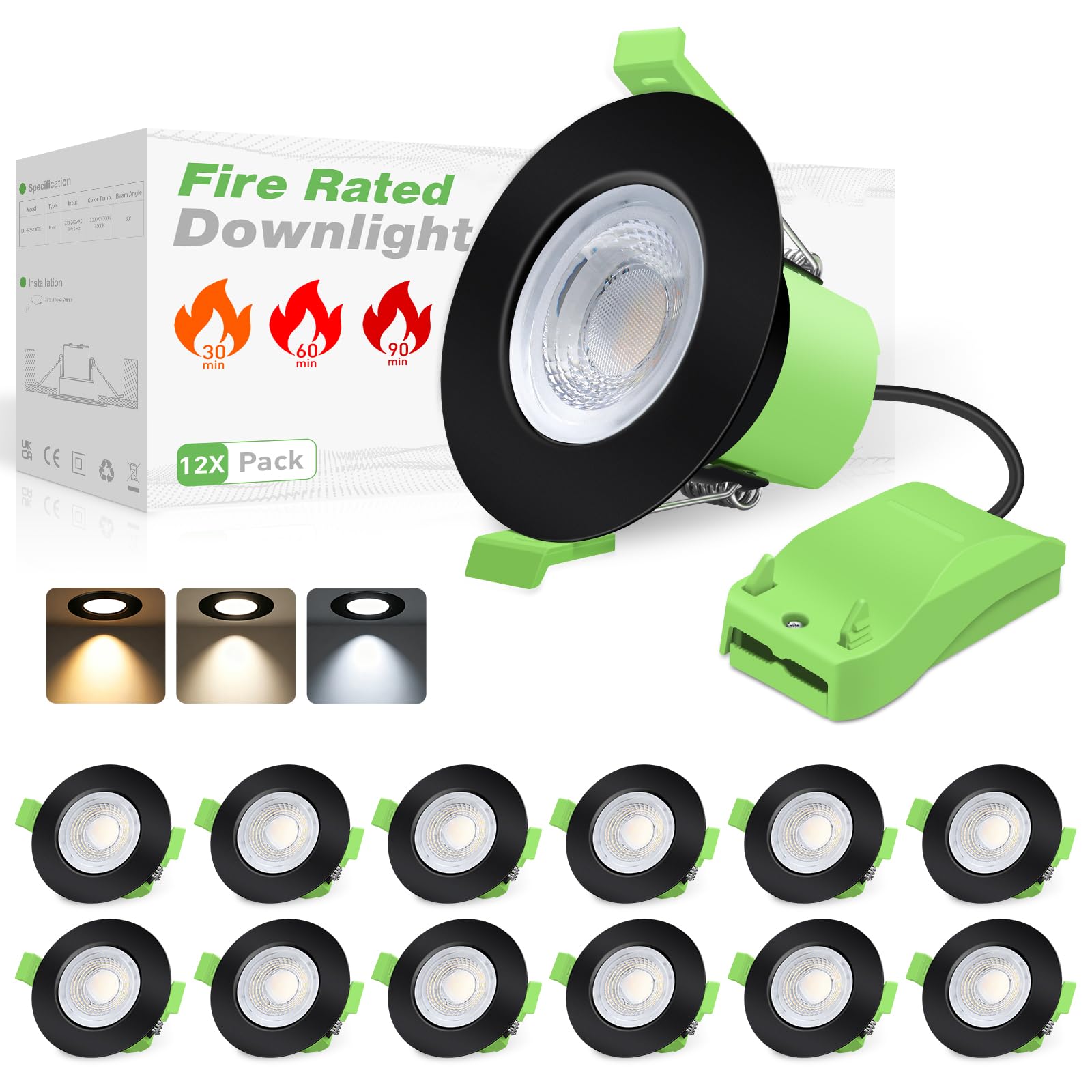 ALUSSO Fire Rated LED Downlights 6W 600lm, 3CCT Colors Selectable 3000K/4000K/6500K Warm Cool White Daylight Recessed Ceiling Lights Dimmable, Spotlights IP65 Waterproof for Bathroom, Black 12 Pack
