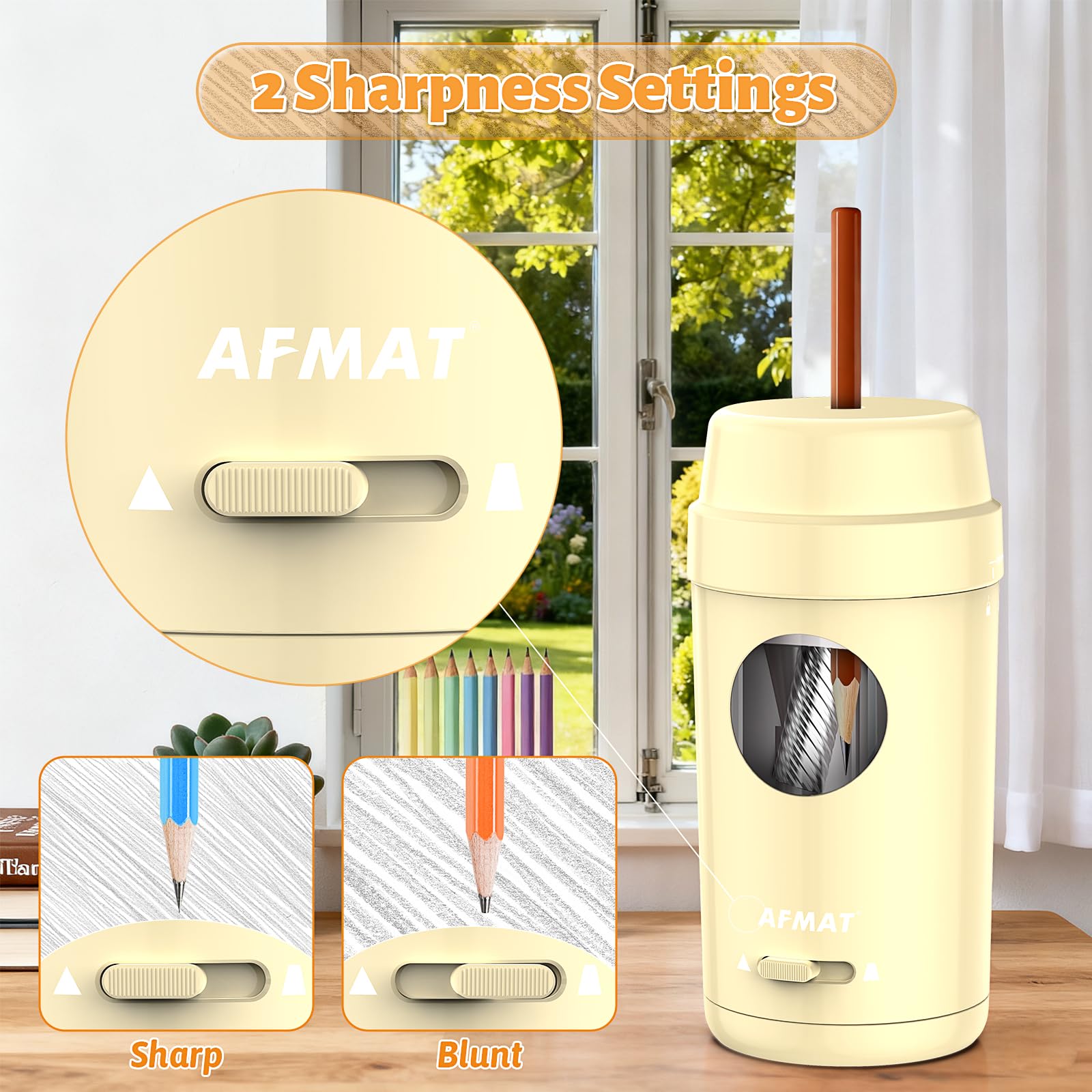 AFMAT PSX8 Taille-crayon électrique, entrée et sortie automatiques, taille-crayon entièrement automatique pour crayons de couleur, taille-crayons mains libres rechargeable pour crayons de 7 à 8 mm
