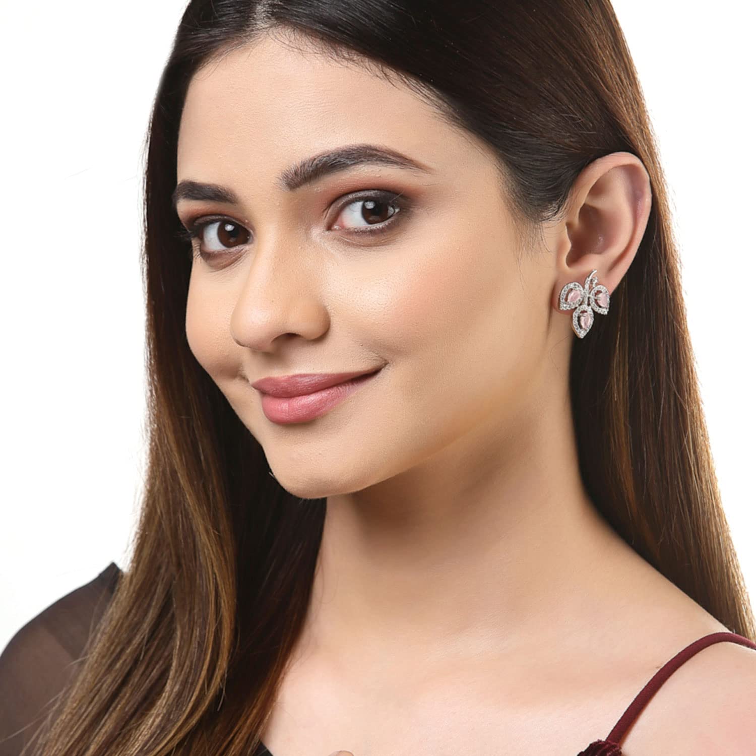 Leaf Shaped Rhodium Plated AD Stud Earring (Pink)