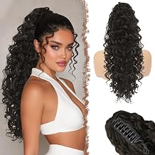 FESHFEN Coletas Postizas Rizado con Pinza - Coleta Postiza Pelo Negro Marrón Natural Ondulado Larga Ponytail Clip de Extensiones de Cabello Sintético Cola Postizos para Mujeres, 65 cm