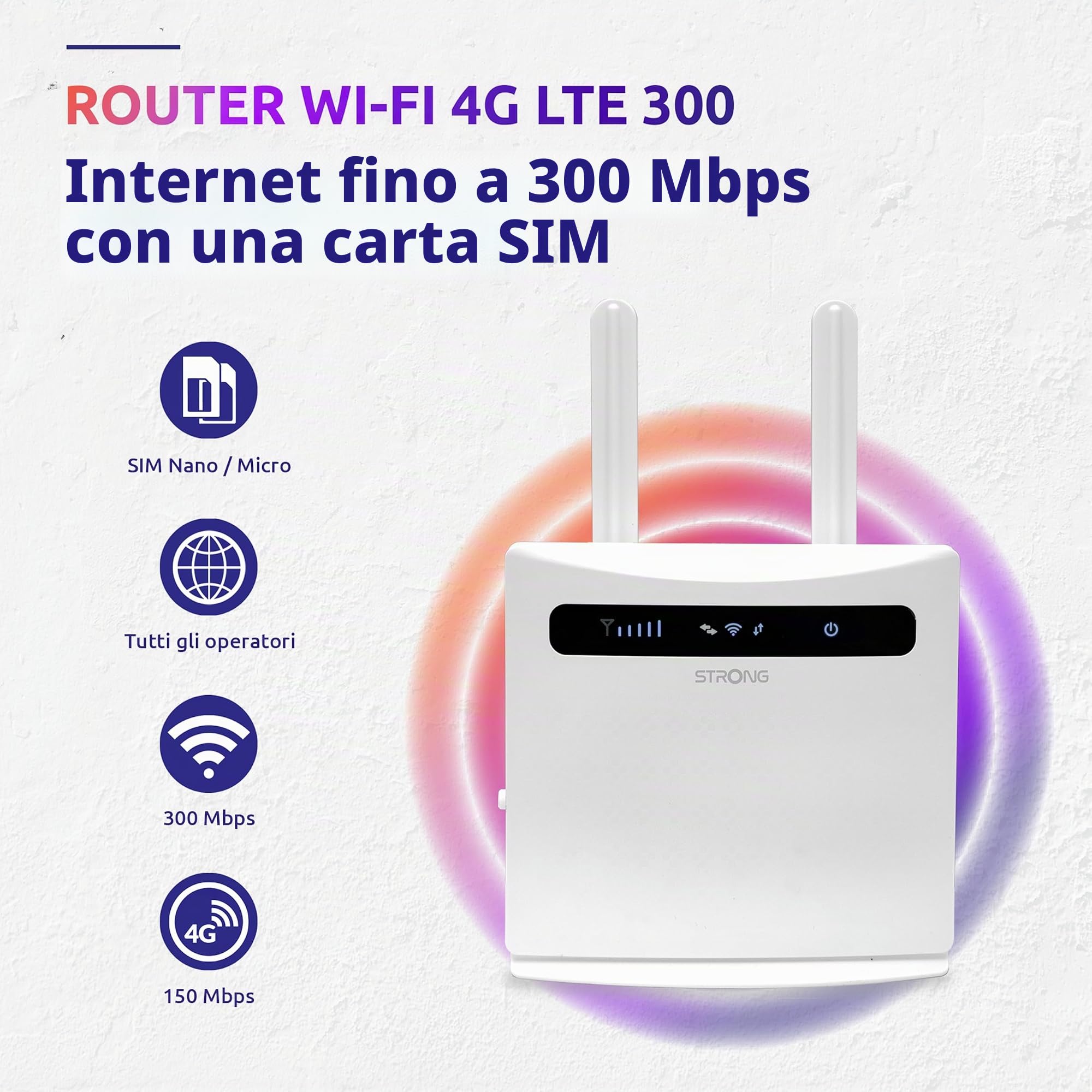 STRONG 4ROUTER300V2 LTE fino a 150 Mbps, Wireless N300Mbps, Router WiFi con Slot per Sim, 4 Porte LAN, Cat 4, Modem 4G Sim. Funziona con qualsiasi operatore. Bianco.