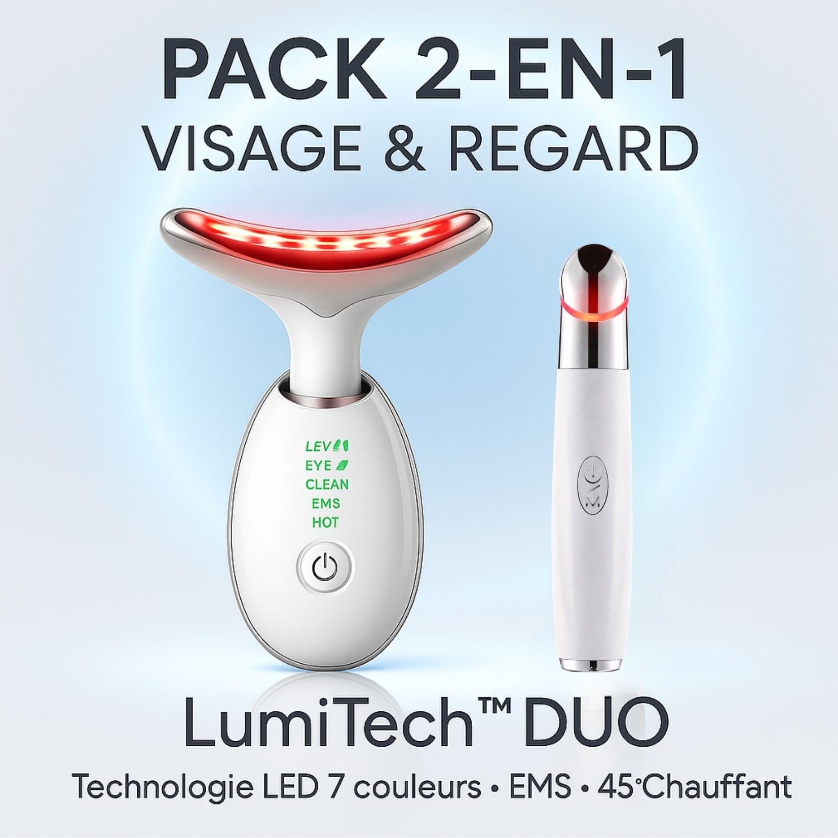 Appareil Anti Rides Visage & Cou EMS 7 LED + Masseur Oculaire Inclus – Lifting Visage, Double Menton, Poches & Cernes – 3 Modes EMS et Chaleur 45°C