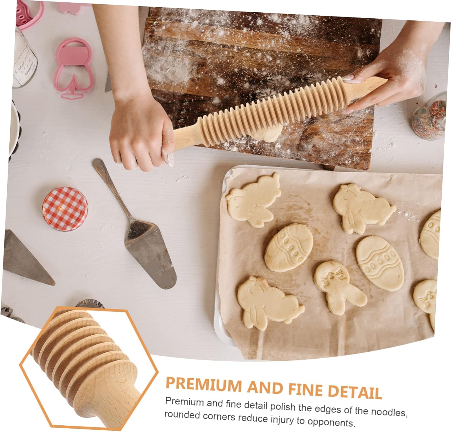Wooden Spaghetti Roller with Grooved Surface Noodle Lattice Cutter and Dough Rolling Pin for Pastry Pizza Handmade Noodles Baking and Kitchen Cooking Tools