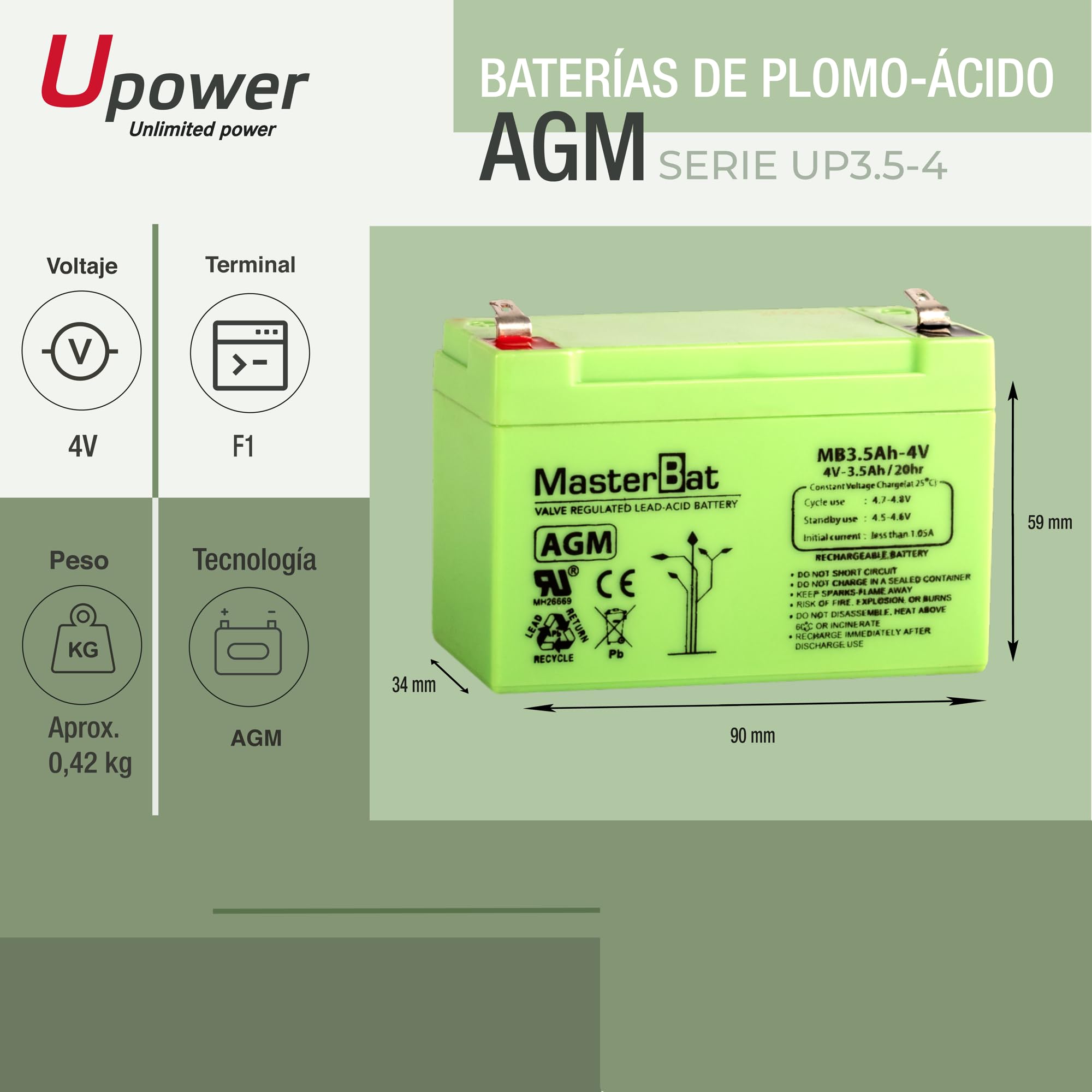Master U-Power Batterie Plomo AGM 3,5 Ah 4 V