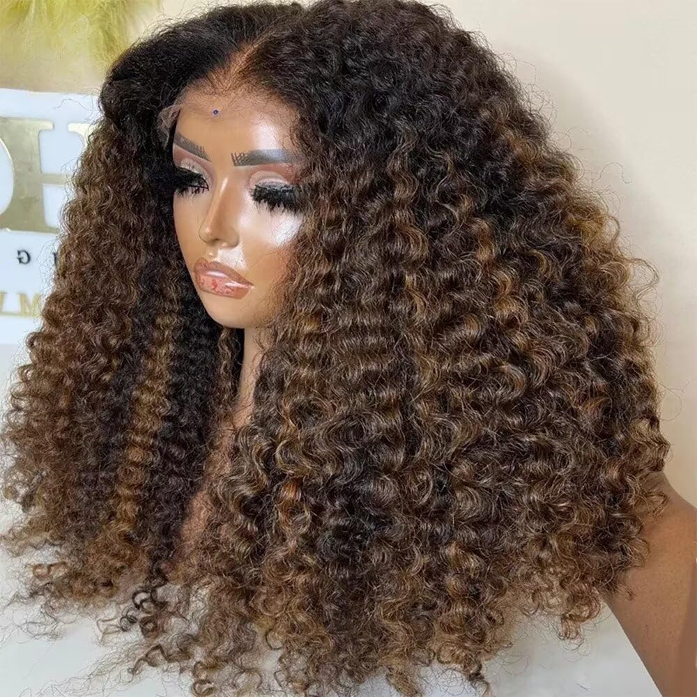 200% Density Full End Human Hair Kinky Curly Wigs #1B/4/27 Ombre Highlight HD Transparent Lace Front Wig Pre Plucked Bleached Knots Brazilian Virgin Afro Curly Glueless Balayage Wig 10Inch