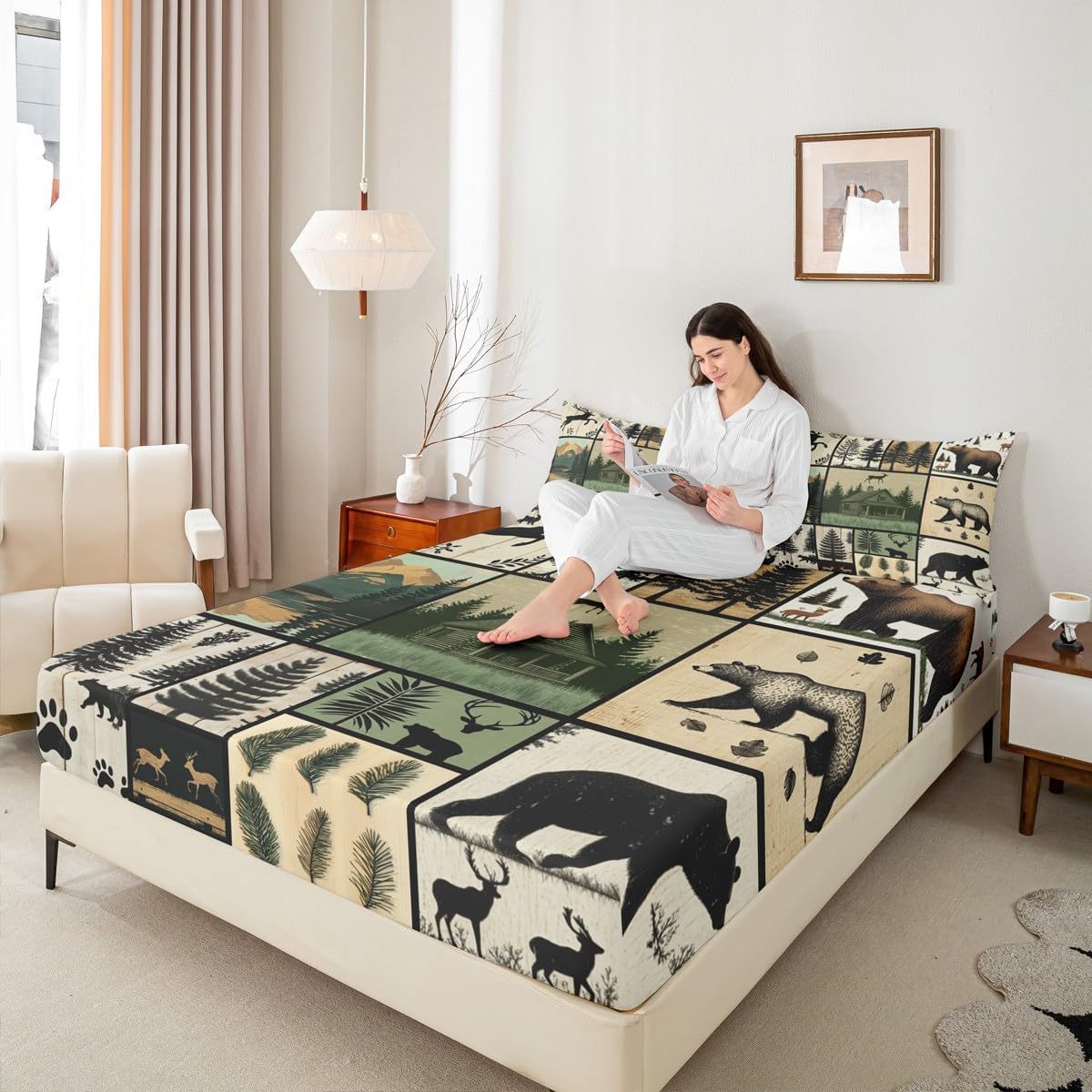 Feelyou Rustic Cabin Bed Sheets Set Full Size Retro Bear Bedding Lodge Farmhouse Bear Deer Deep Pocket Fitted Sheet Woodland Animals Vintage Breathable Soft Lightweight Microfiber, NO TOP Sheet