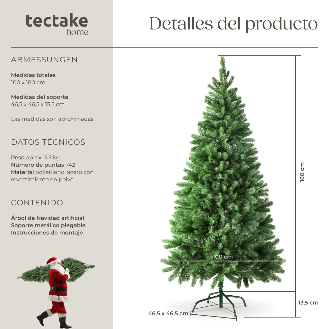 tectake® Árbol de Navidad Artificial con Soporte Metálico Plegable y Topes, Abeto Navidad con Ramas Flexibles para Adornos Navidad, Frondoso, Fácil Montaje y Almacenamiento, 180cm. y 742 Ramas, Verde