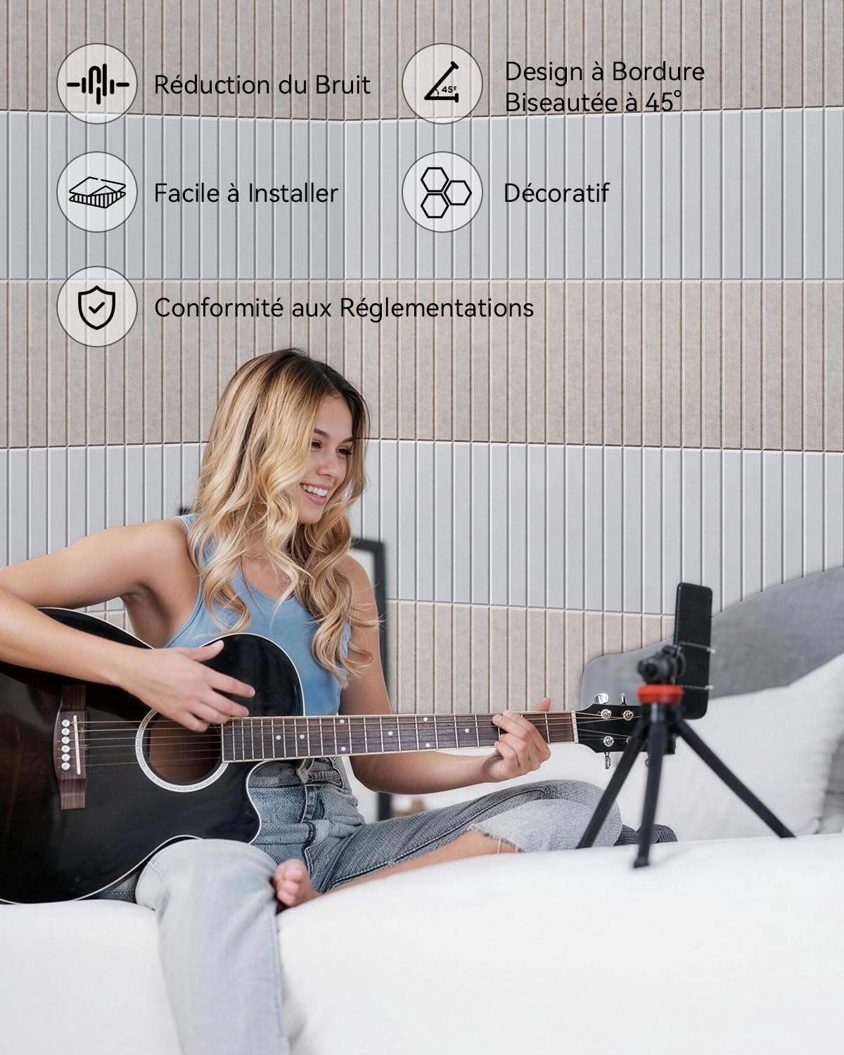 Panneaux Acoustiques Rainurés Lot de 18 1,62 m² Autocollants Noir | 30×30×0,9 cm, 230 kg/m³, NRC 0,95; design rainuré et absorption acoustique pour réduire l'écho en studio, bureau ou gaming.