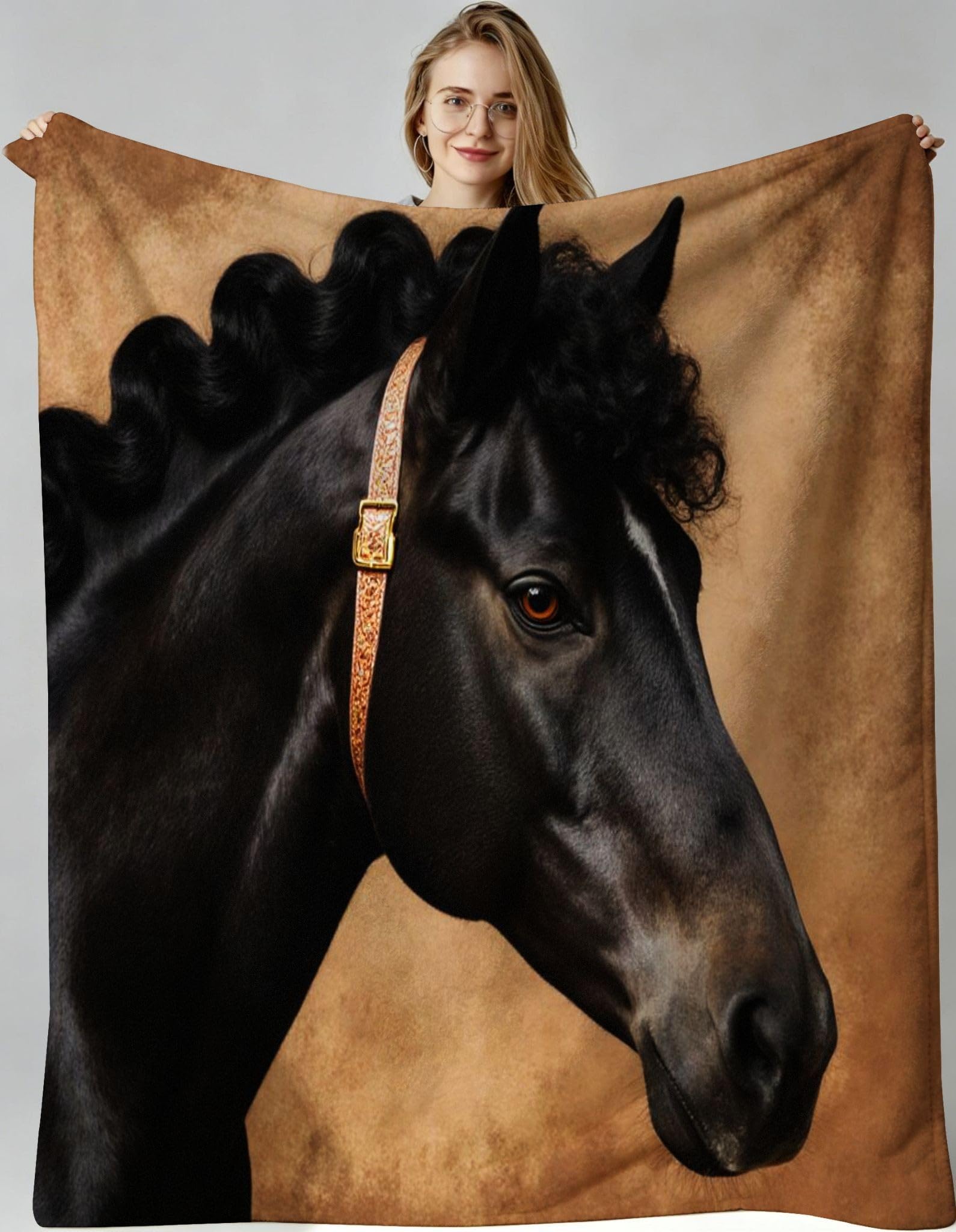 Couverture flanelle cheval noir 3D premium et durable dans le temps