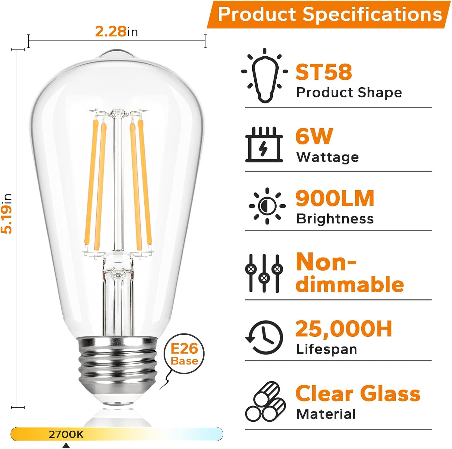 TOBUSA Vintage LED Edison Light Bulbs 60W Equivalent, 900LM Super Bright LED Bulbs, 6W ST58 Antique LED Filament Bulbs, 2700K Warm White, E26 Base Non-Dimmable Bulbs for Home, Office, 12-Pack