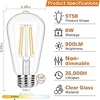 Vista 3 de TOBUSA Vintage LED Edison Light Bulbs 60W Equivalent, 900LM Super Bright LED Bulbs, 6W ST58 Antique LED Filament Bulbs, 2700K Warm White, E26 Base