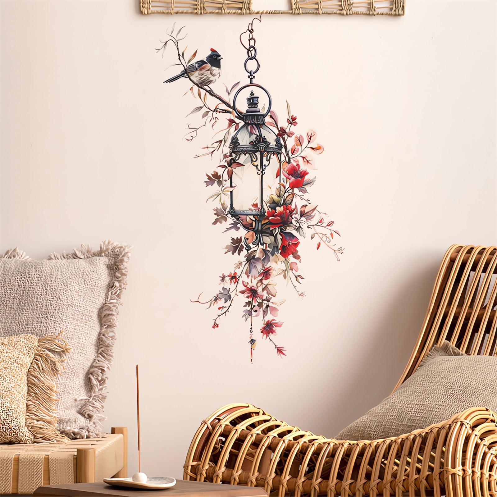 Vintage Street Lamp Red Flower Wall Stickers, sacinora Rose Peony Floral Art Wall Decals Removable Vinyl Peel and Stick for Living Room Bedroom