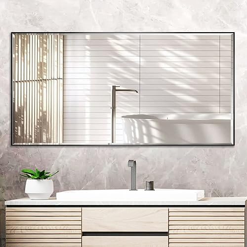 Espejo negro de 20 x 40 pulgadas con borde biselado, espejo de tocador de baño con marco de aluminio, espejo sin cobre, espejo rectangular para