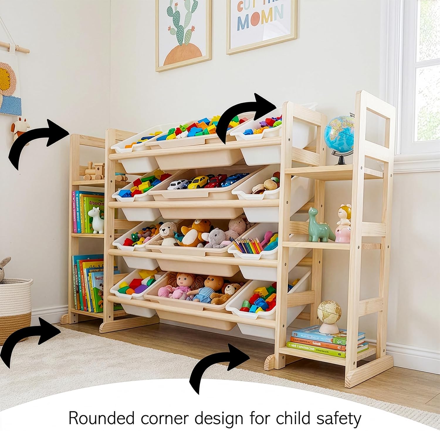 Kids Toy Storage Organizer, 52" W White 6-Shelf Bookcase with 12 Bins, Cubby Unit for Toddler Playroom & Bedroom Organization - Image 6