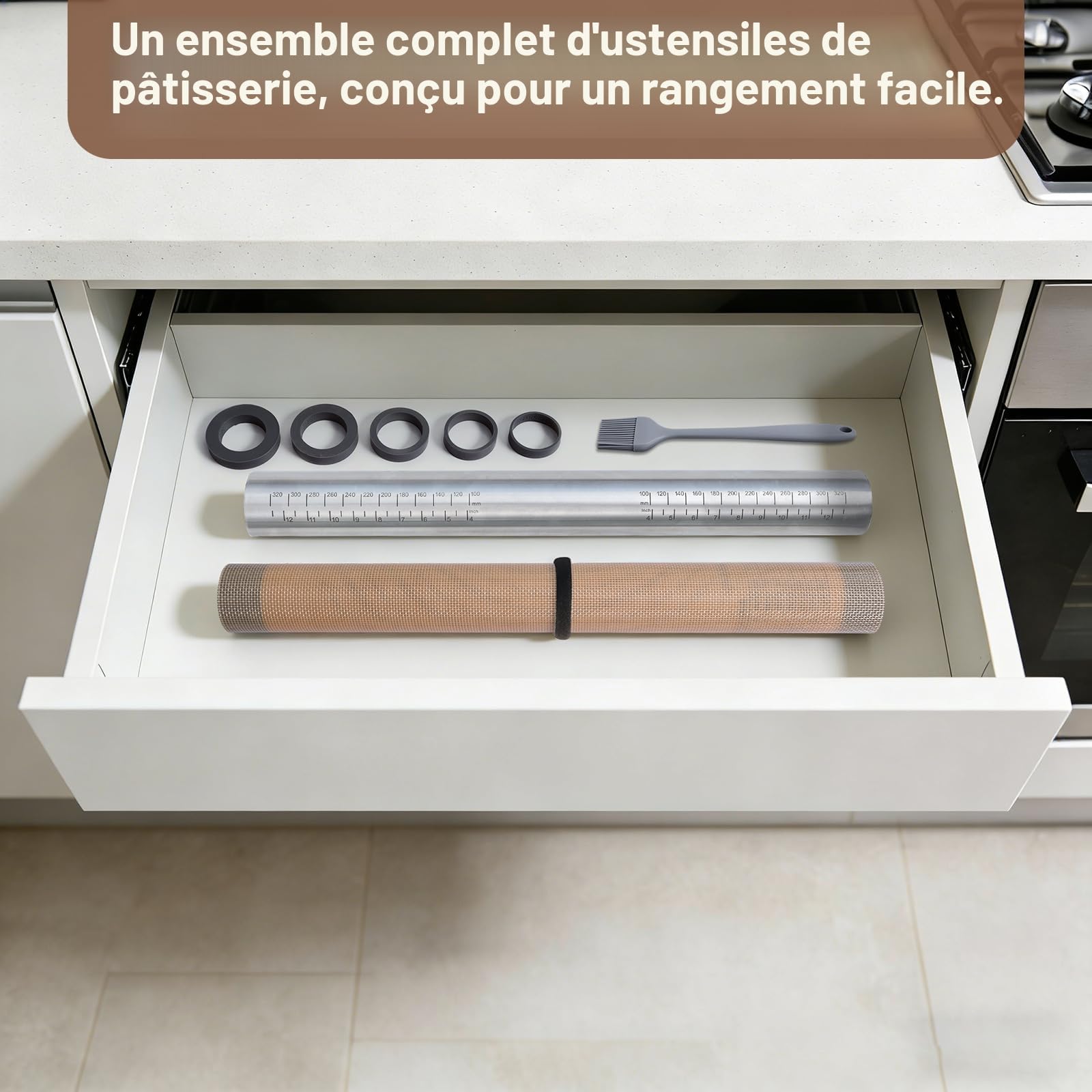 SUPER KITCHEN Rouleau à Pâtisserie Ajustable en Acier Inoxydable Avec 5 Anneaux Réglables, Tapis de Cuisson Tapis à Pâtisserie en Silicone Antidérapant 50x40 cm, Pour Pâtisserie, Pizza (Gris)